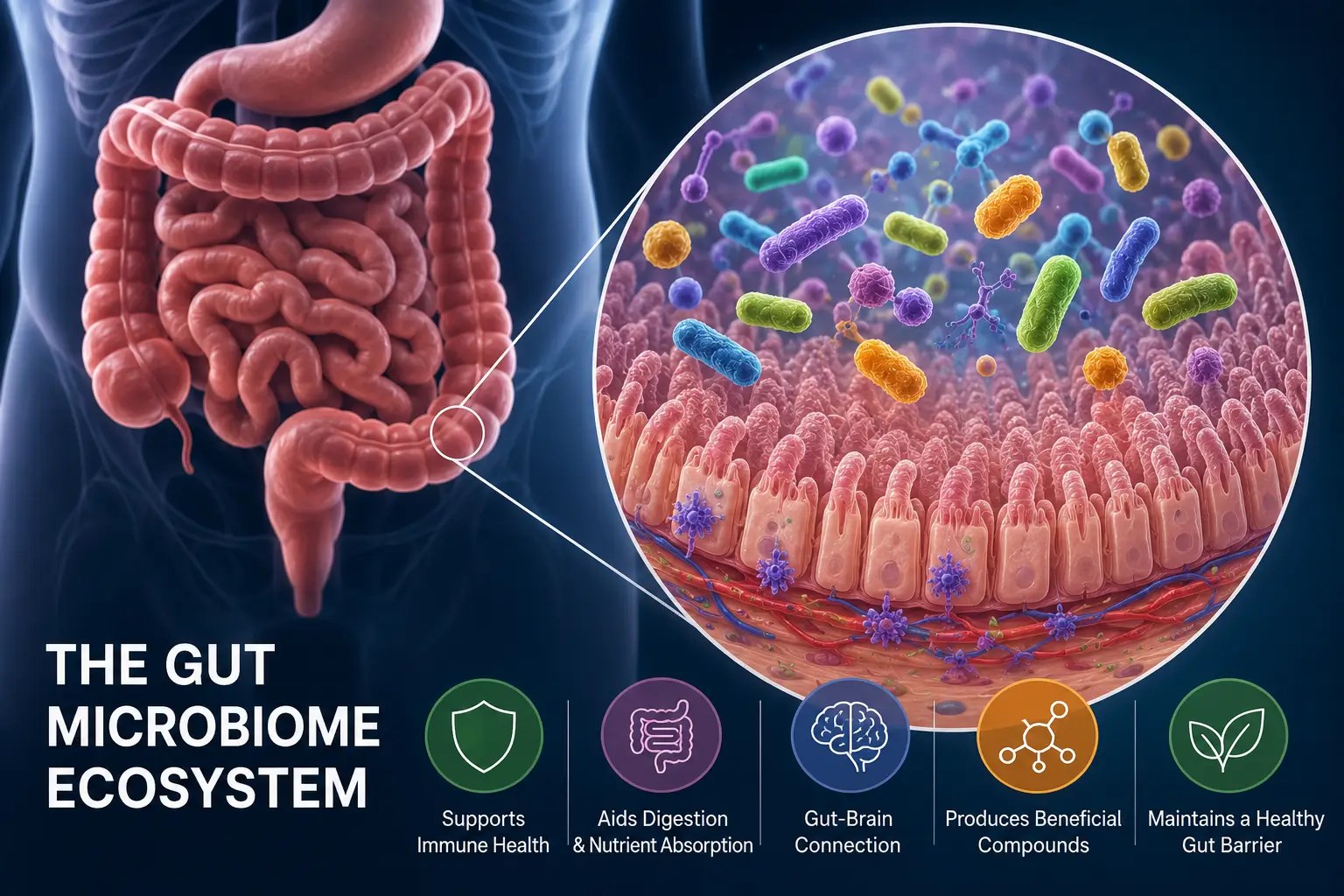 Gut microbiome ecosystem infographic showing the human intestines, beneficial microorganisms, intestinal lining, nutrient absorption, immune support, gut-brain communication, and gut barrier function