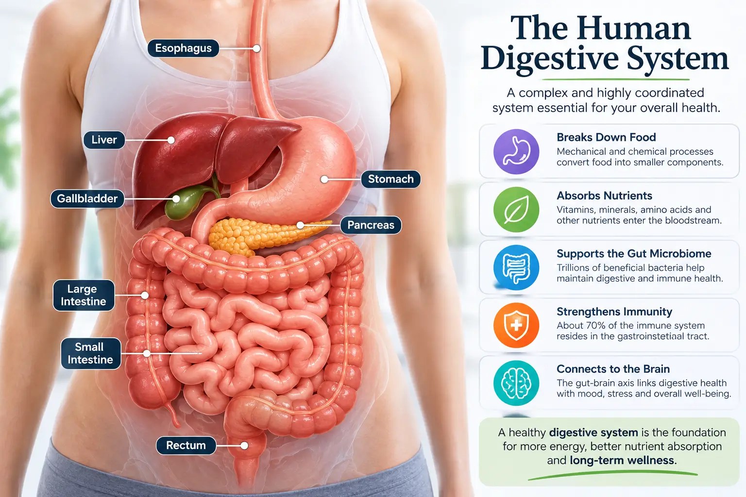 The Human Digestive System infographic showing the mouth, esophagus, liver, gallbladder, stomach, pancreas, small intestine, large intestine, and rectum, illustrating how the digestive system breaks down food, absorbs nutrients, and supports overall health