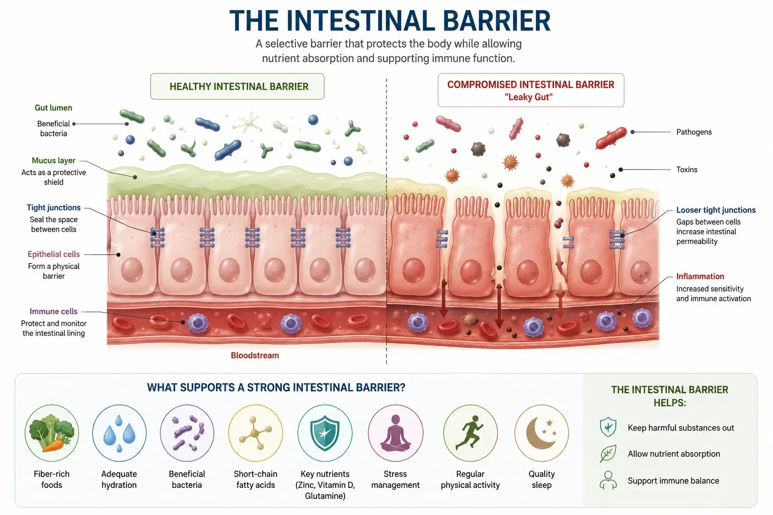 Medical illustration of the intestinal barrier showing the mucus layer, gut bacteria, epithelial cells, tight junctions, immune cells, and changes associated with increased intestinal permeability