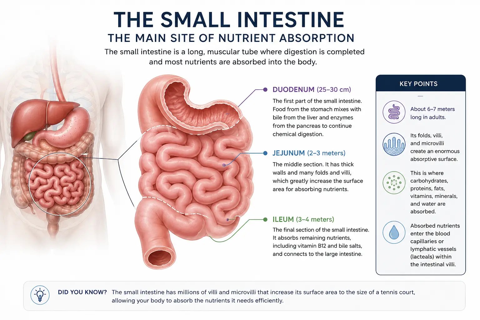 Anatomical illustration of the duodenum, jejunum, and ileum where most nutrient absorption occurs