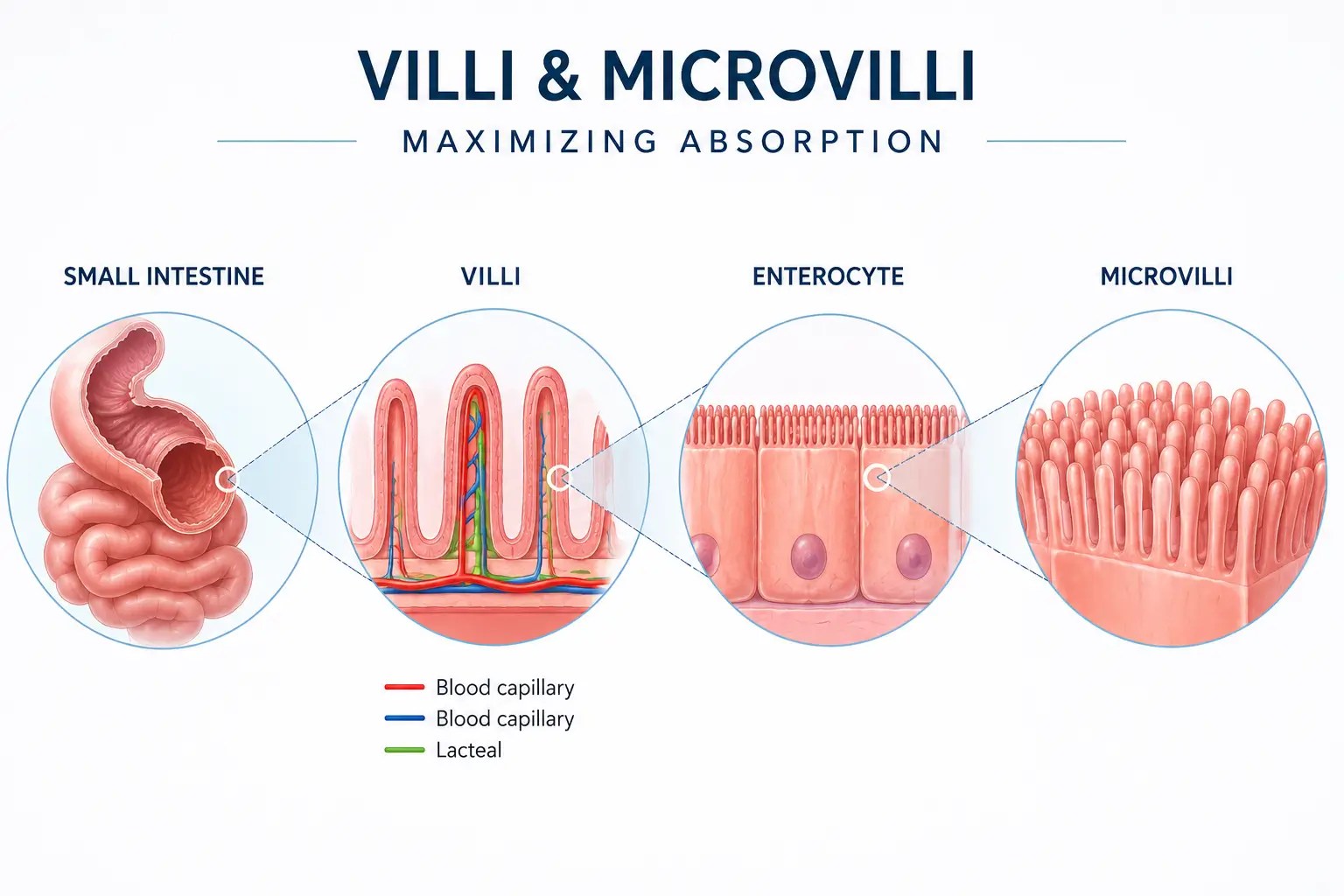 Close-up diagram of intestinal villi, enterocytes, microvilli, blood capillaries, and lacteals involved in nutrient absorption