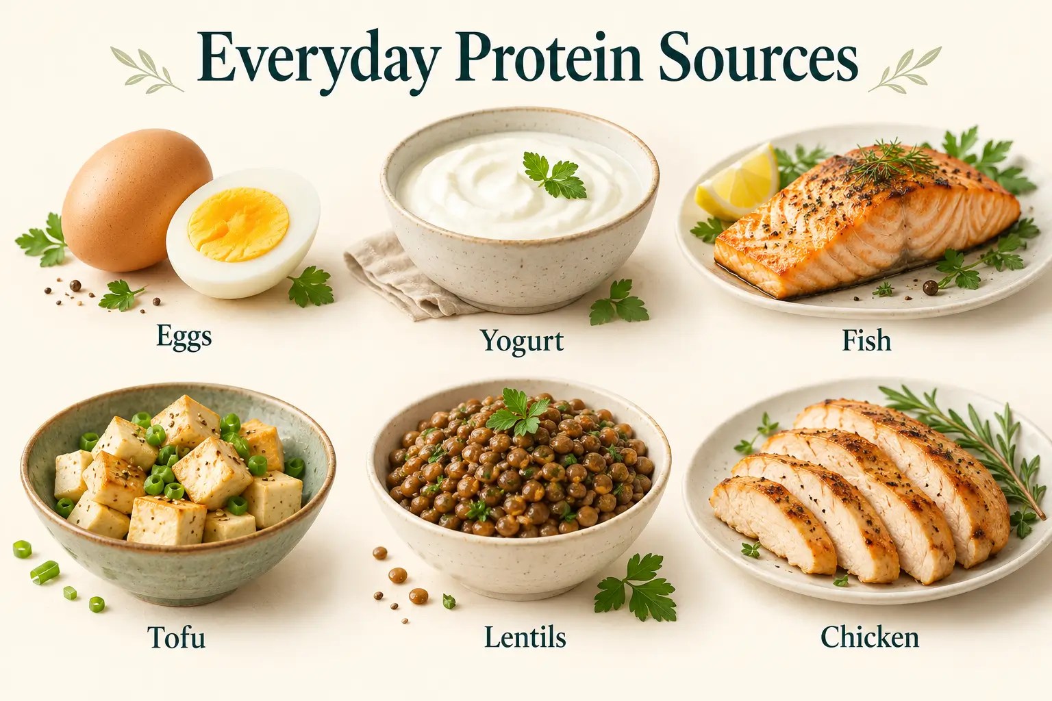 Eggs, yogurt, salmon, tofu, lentils, and chicken displayed as everyday protein sources.