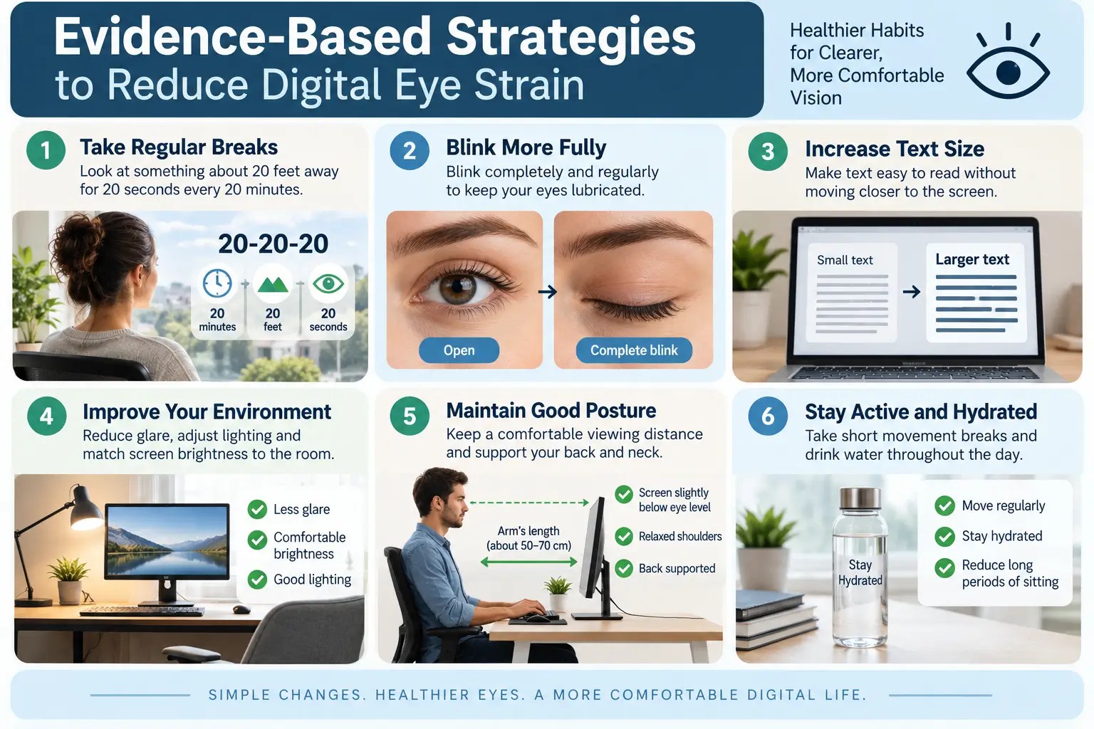 Infographic showing evidence-based strategies for reducing digital eye strain, including breaks, blinking, larger text, good posture, and better lighting