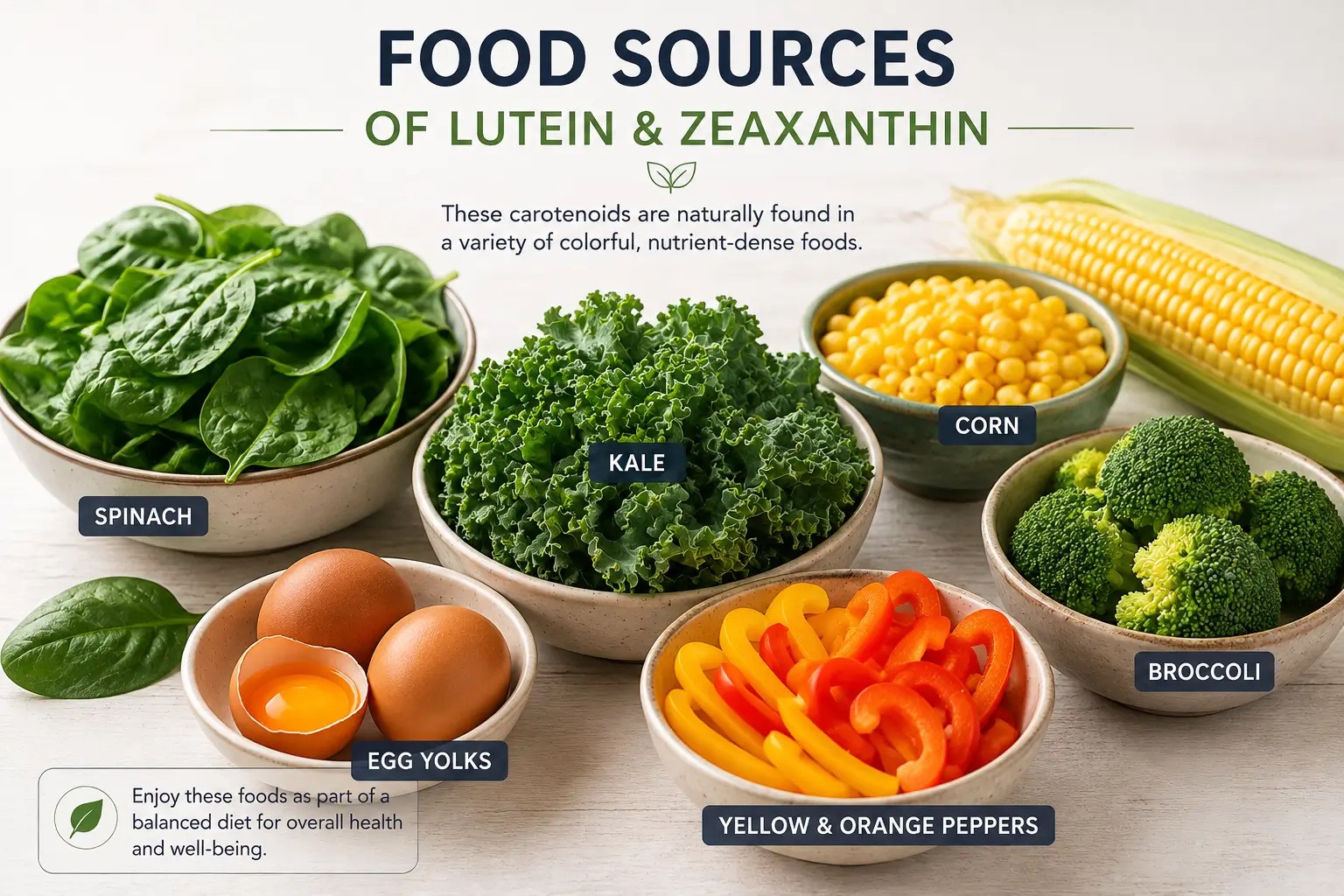 Spinach, kale, eggs, corn, broccoli, and yellow peppers as dietary sources of lutein and zeaxanthin
