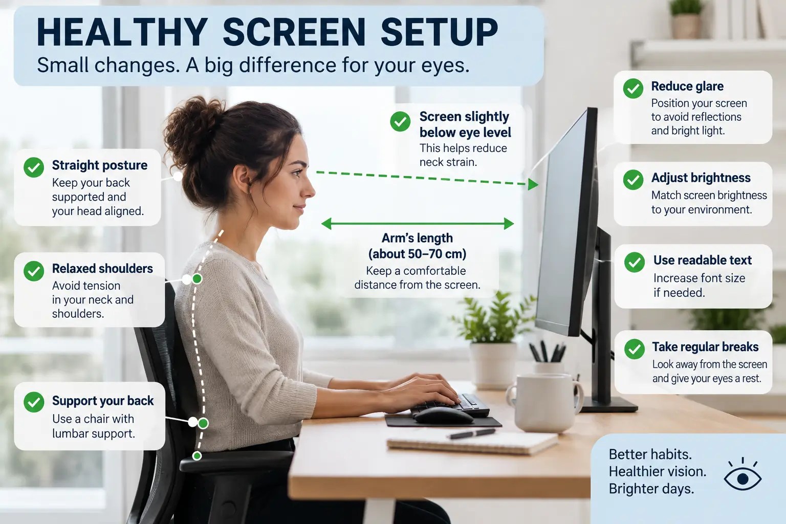 Ergonomic computer setup showing proper screen distance, posture, reduced glare, readable text, and regular visual breaks