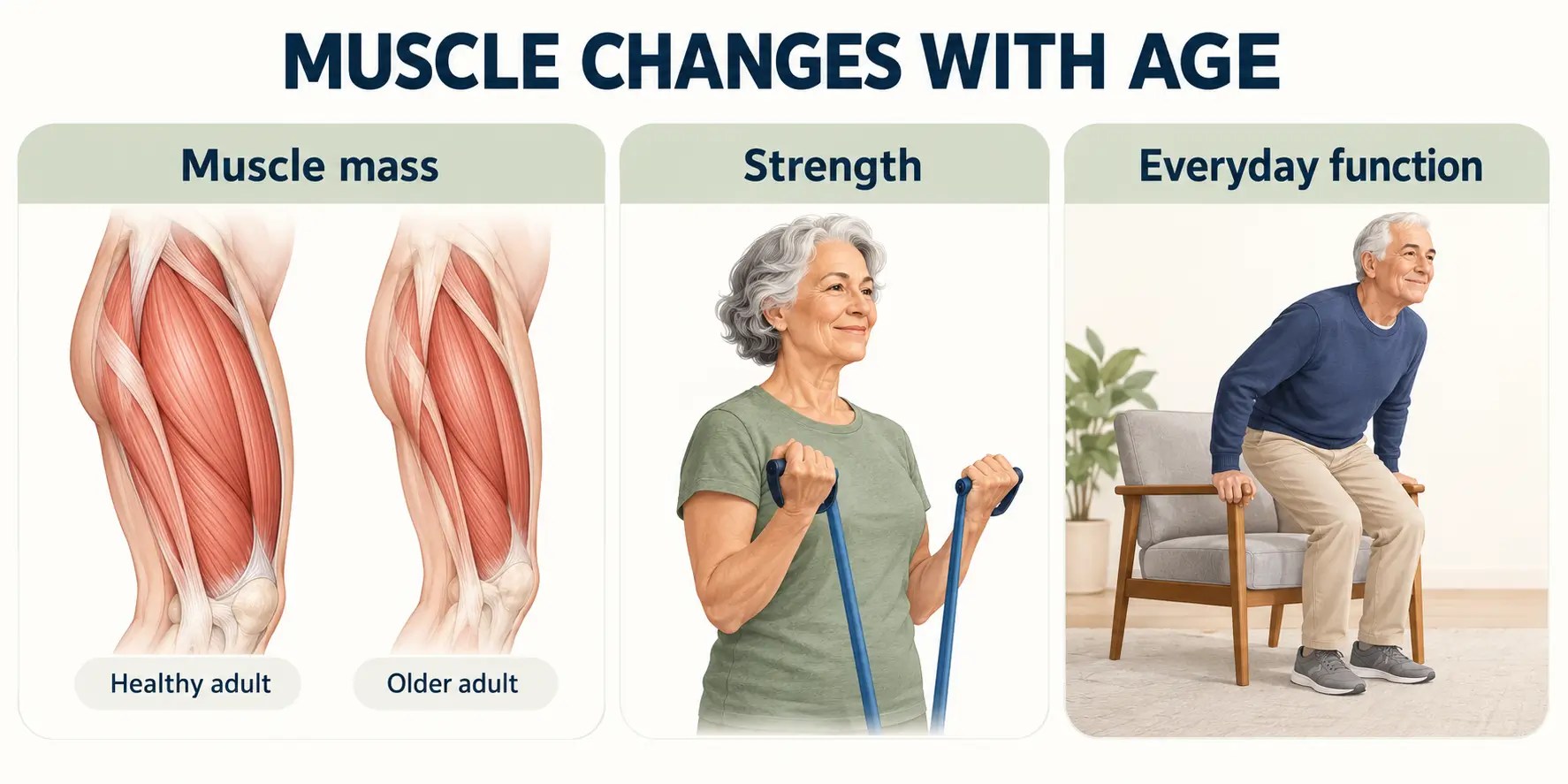 Illustration comparing muscle size in a younger and older adult, alongside an older woman using a resistance band and an older man rising from a chair.