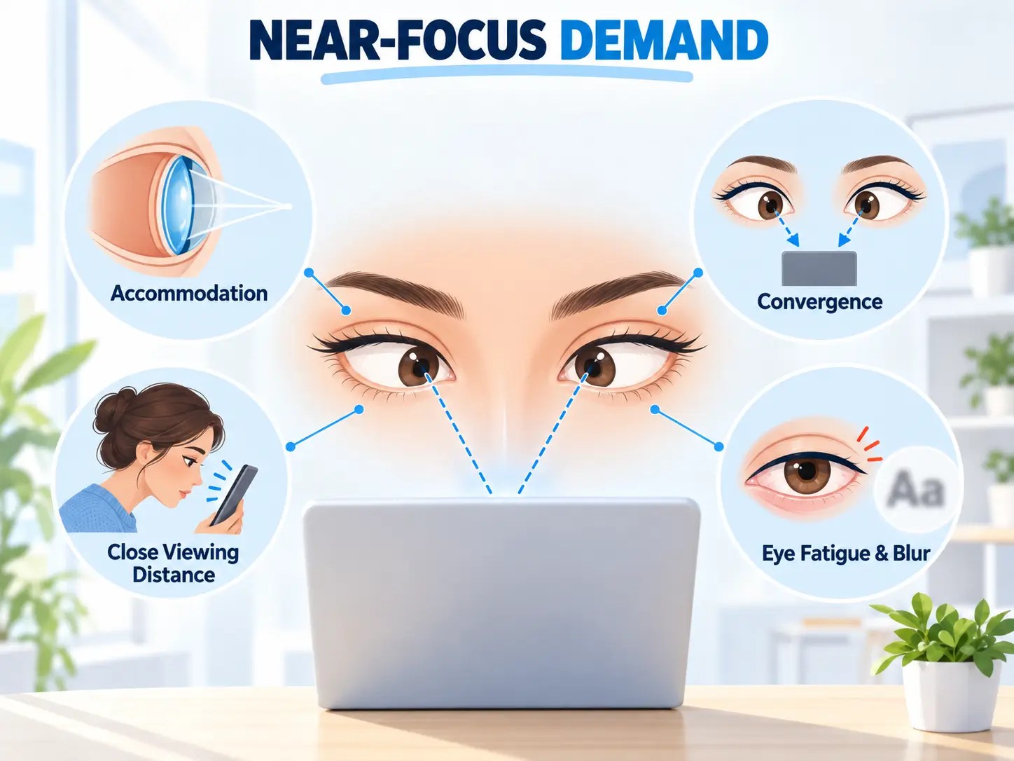 Infographic explaining accommodation, convergence, close viewing distance, and eye fatigue during prolonged screen use
