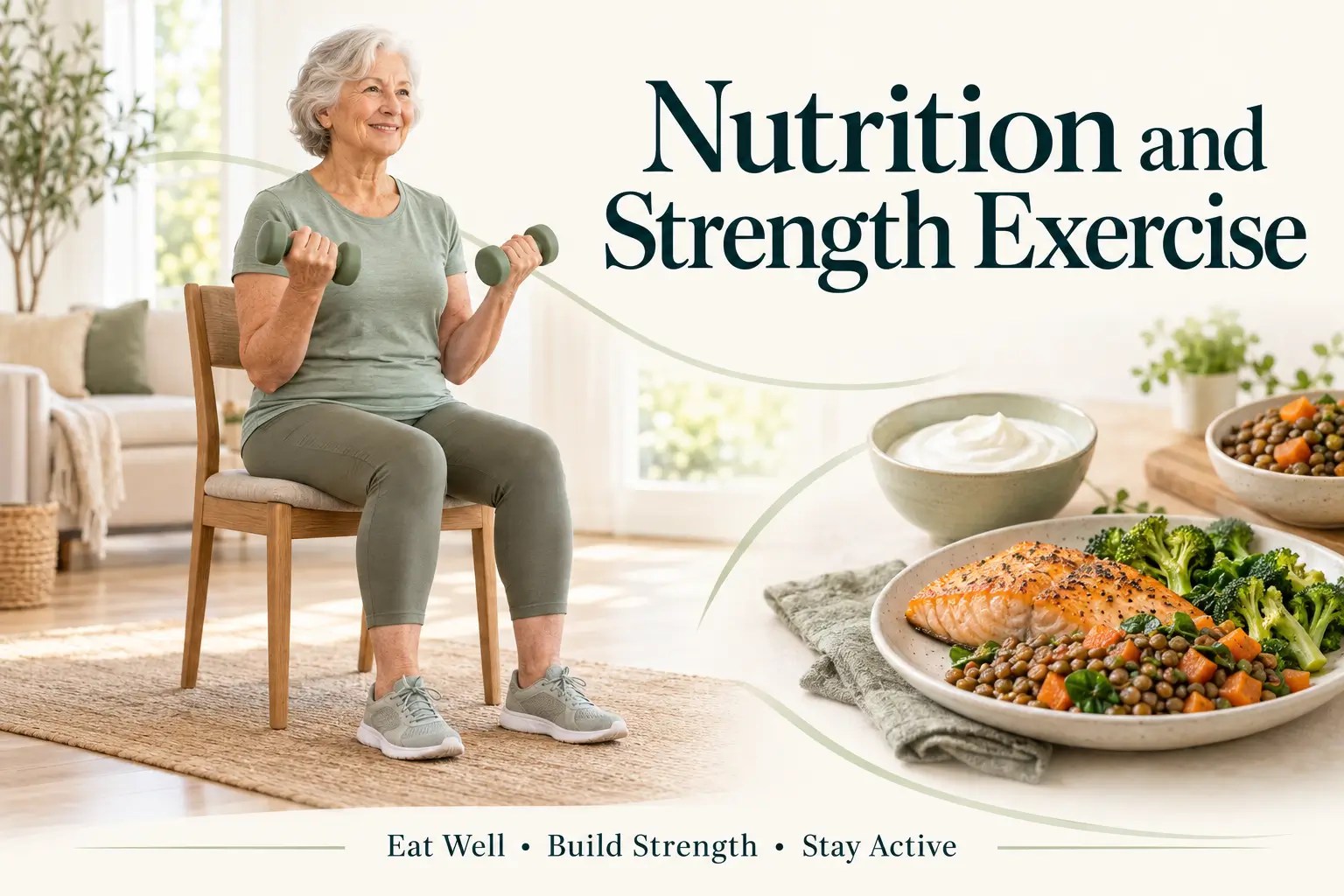 Older woman performing seated dumbbell curls beside a meal of salmon, lentils, vegetables, and yogurt.