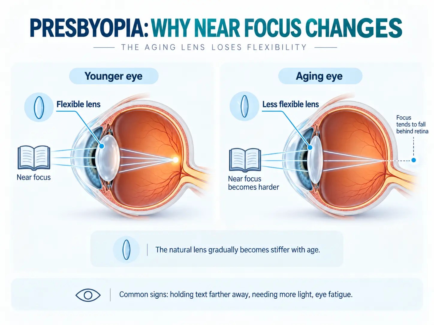 Side-by-side infographic comparing a younger eye and an aging eye to explain presbyopia and reduced near focusing ability