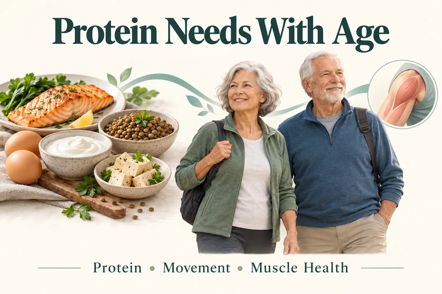 Older adults beside protein-rich foods, including salmon, eggs, yogurt, lentils, and tofu, with an illustration of an upper arm muscle.
