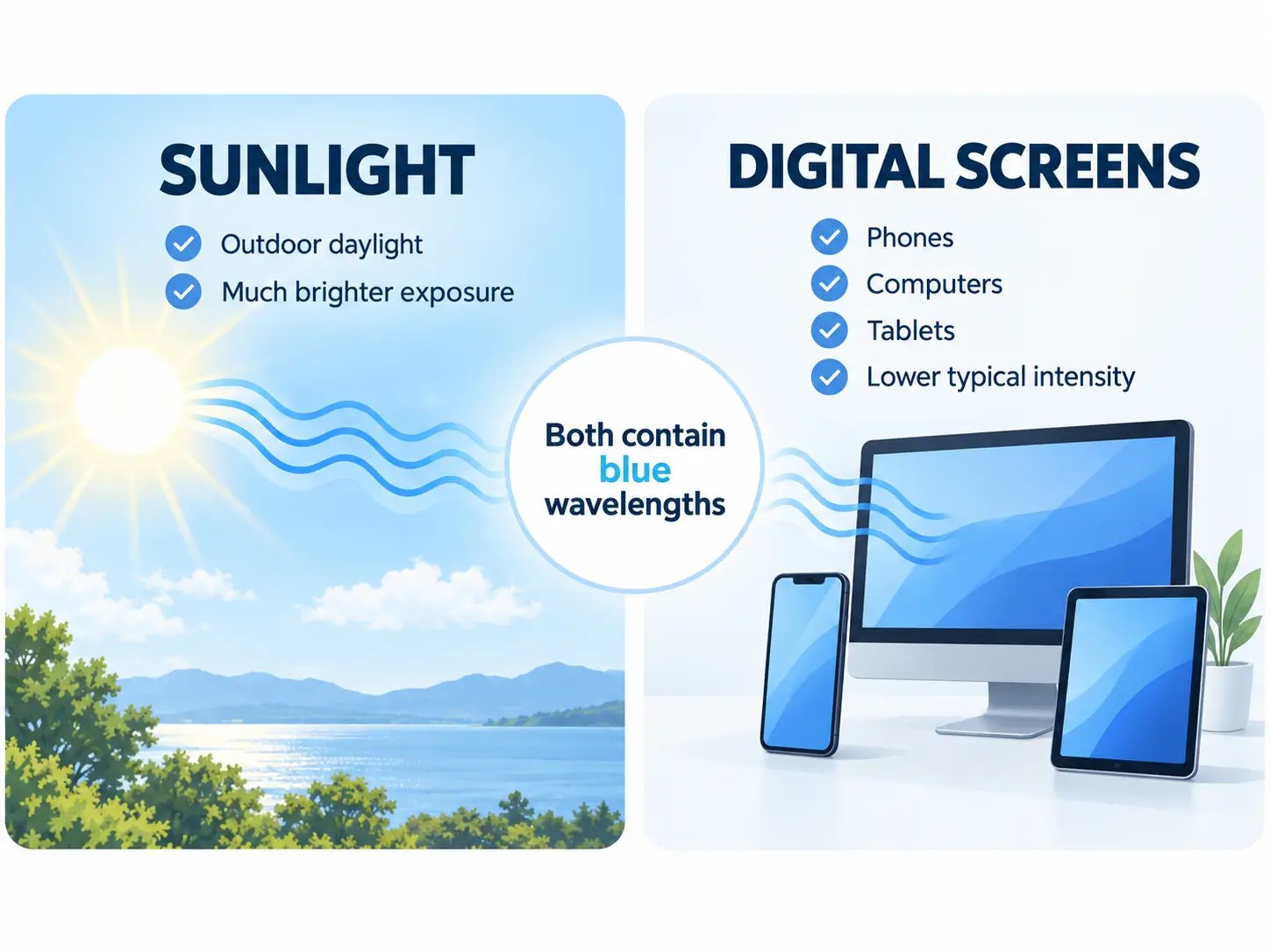 Comparison of blue light exposure from sunlight and digital screens