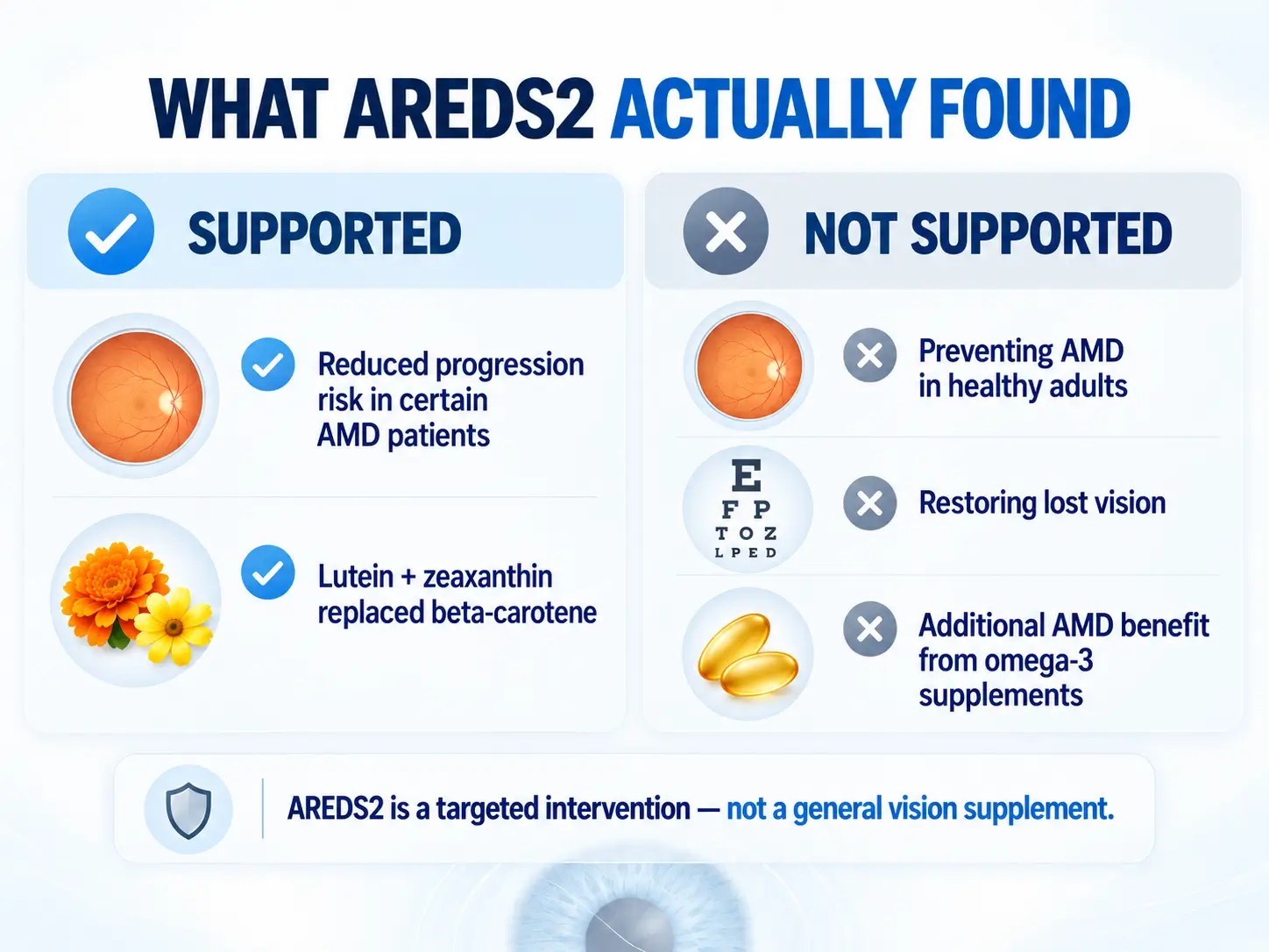 AREDS2 findings infographic showing supported outcomes and claims not supported by the clinical trial