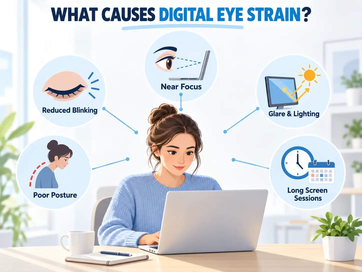 Infographic showing common causes of digital eye strain, including reduced blinking, near focus, glare, poor posture, and long screen sessions