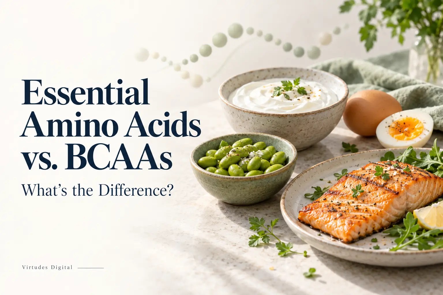 Article cover about essential amino acids versus BCAAs, featuring Greek yogurt, eggs, edamame, and grilled salmon.