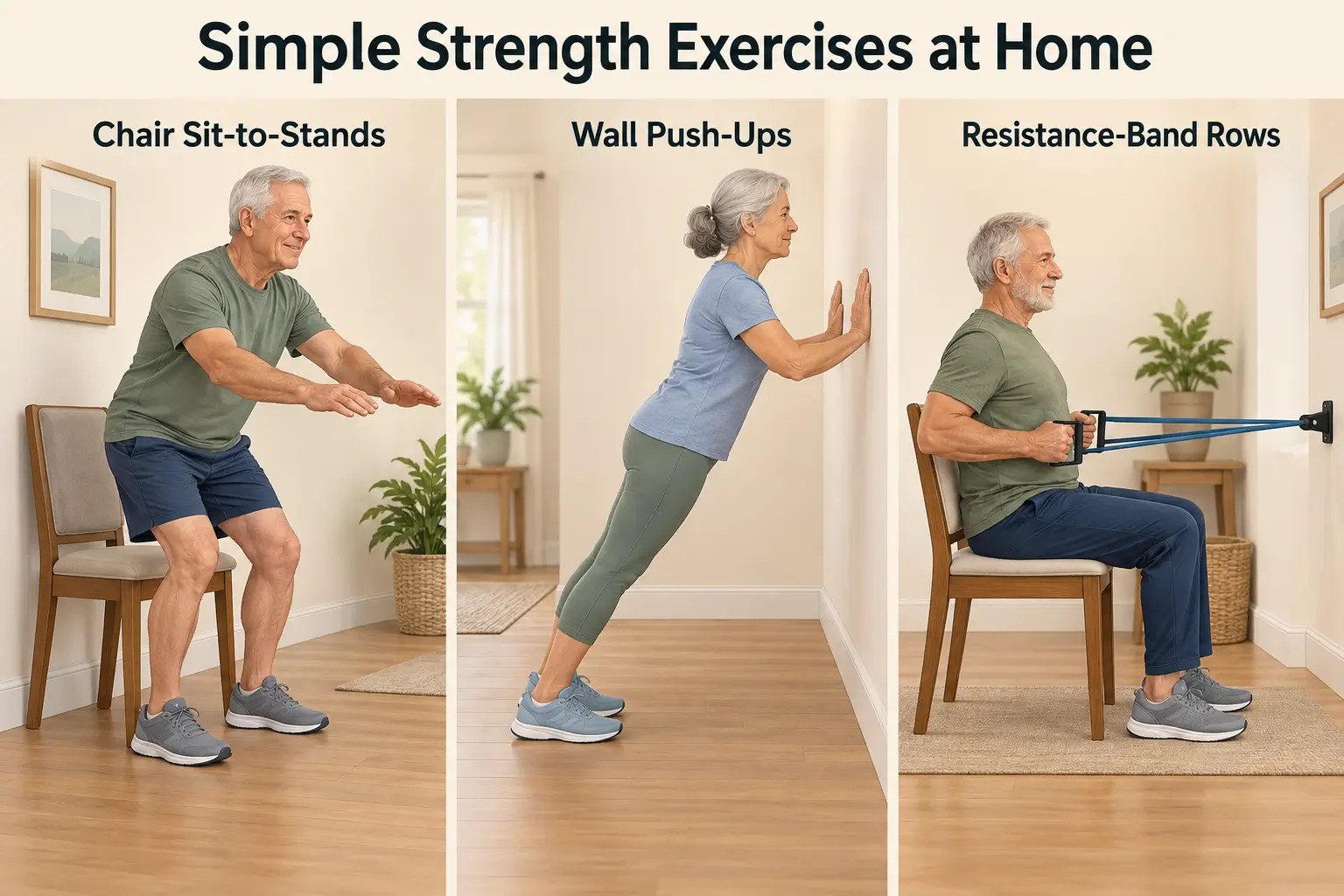 Older adults demonstrating chair sit-to-stands, wall push-ups, and seated resistance-band rows at home