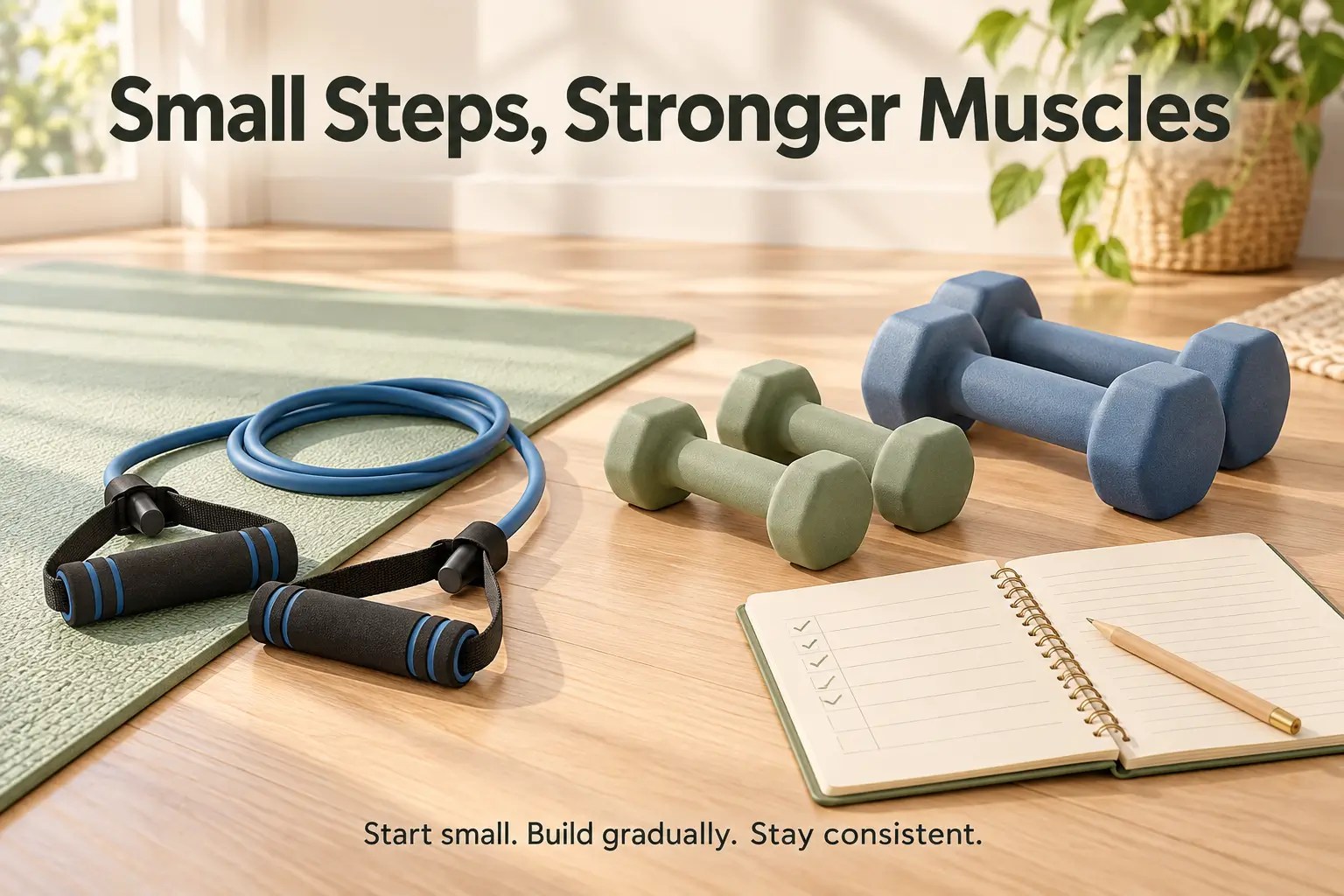 Resistance band, two pairs of dumbbells, and an open workout notebook beside an exercise mat at home
