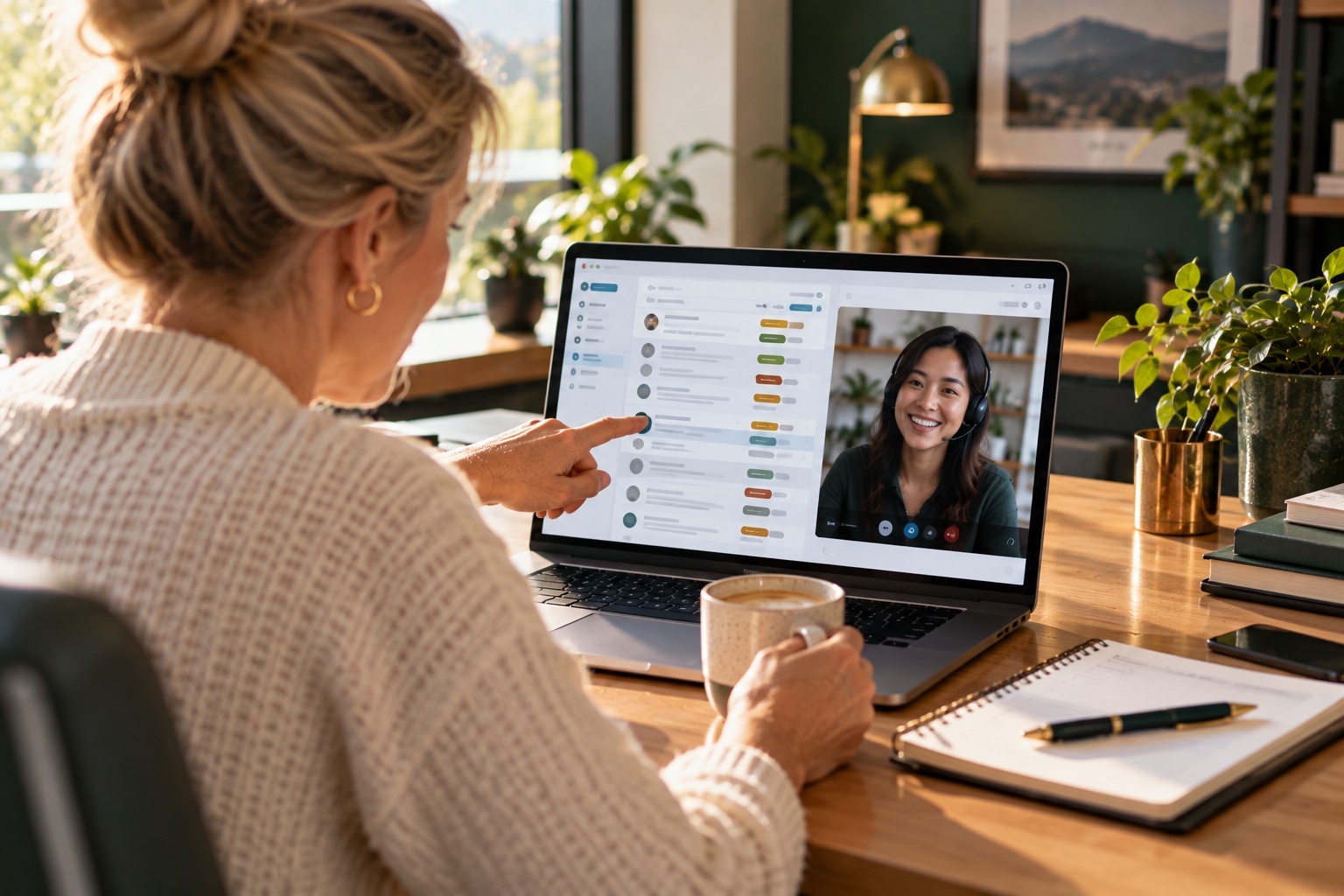 An executive walking a remote assistant through a labeled inbox on a video call
