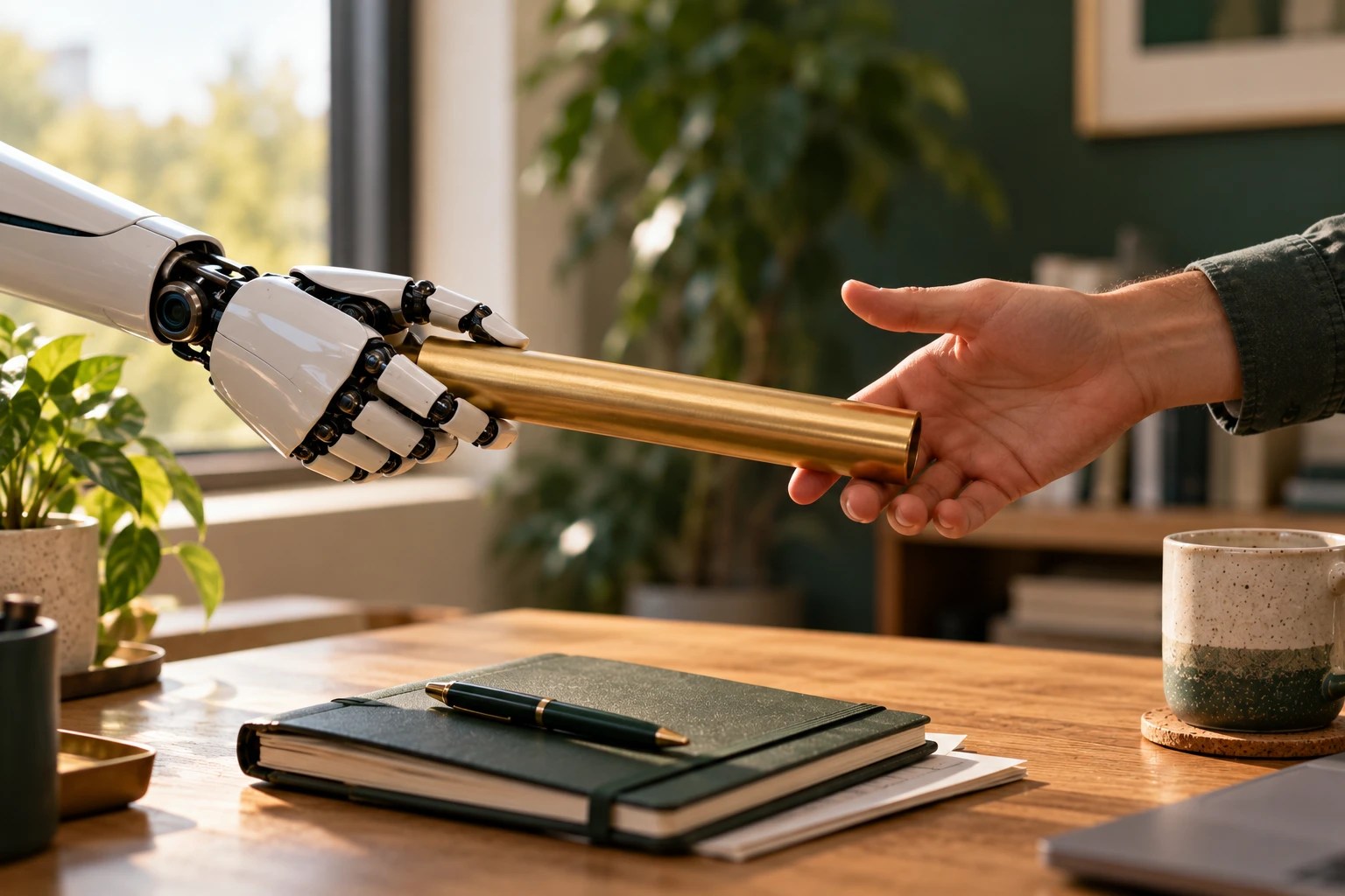 A robotic hand passing a brass relay baton to a human hand above an office desk