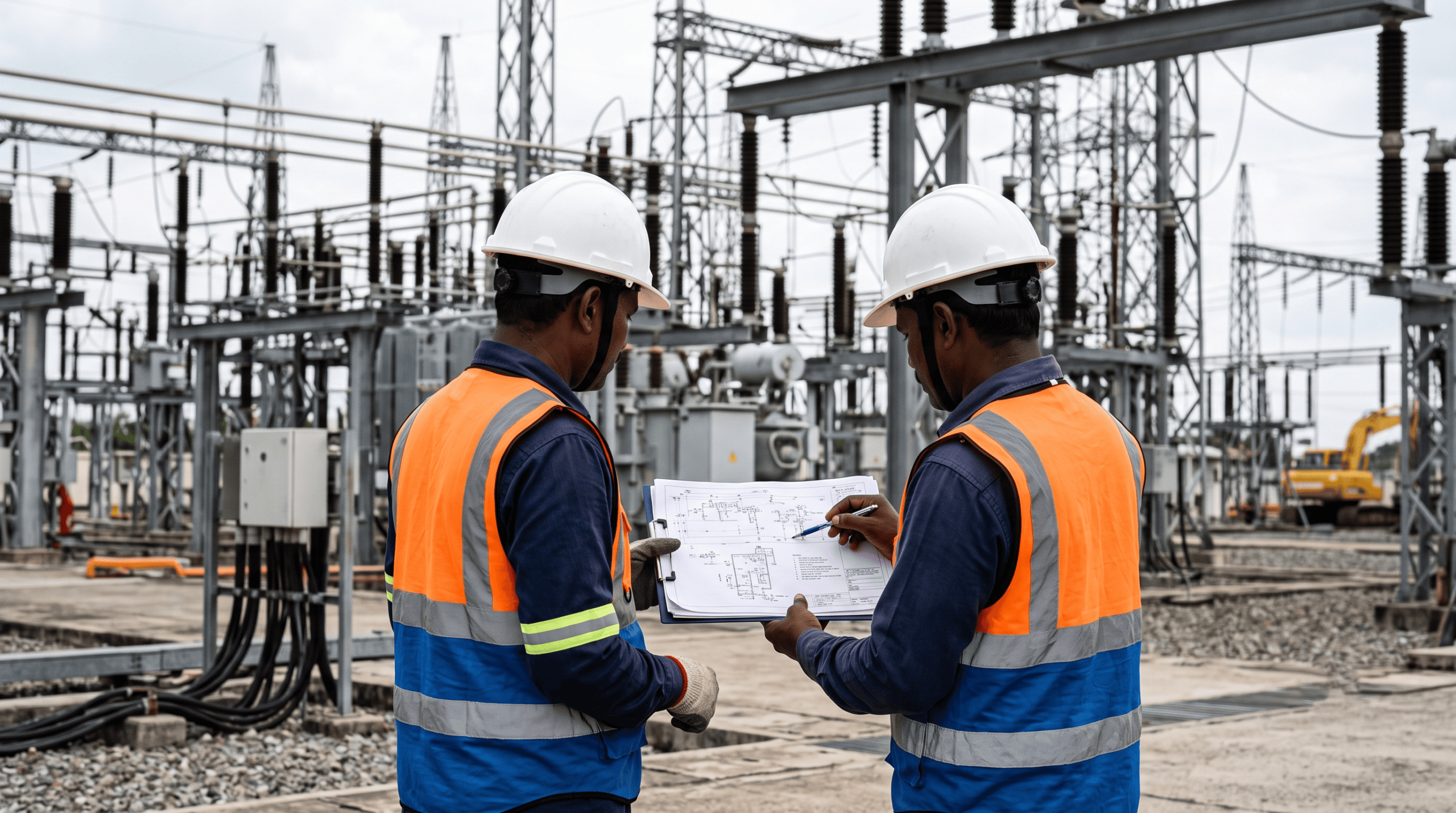 Project engineers reviewing electrical tender drawings at a substation site – electrical EPC contractor in India