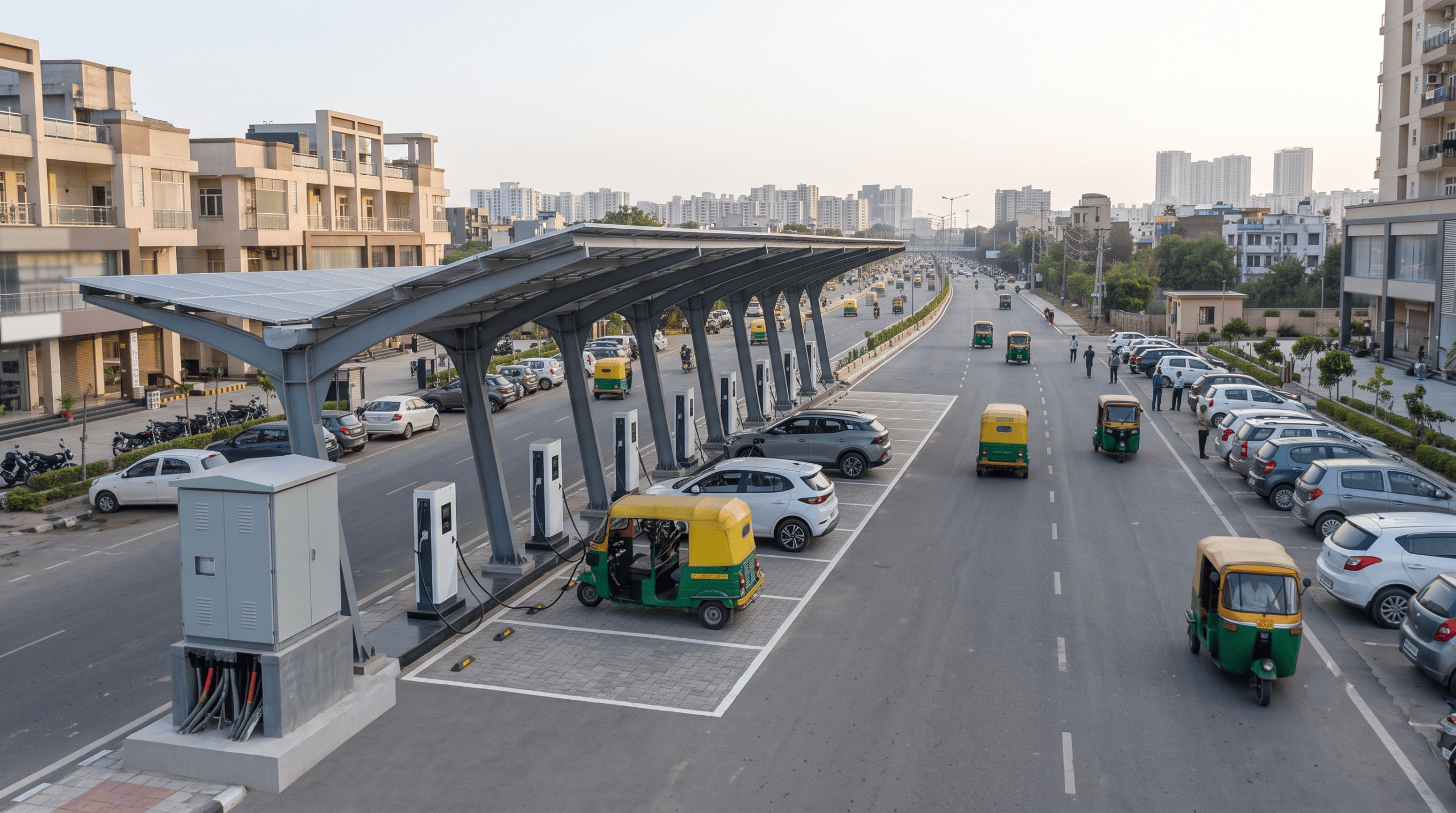 Electric vehicle charging stations at a commercial site with distribution panel nearby – EV charging infrastructure company India