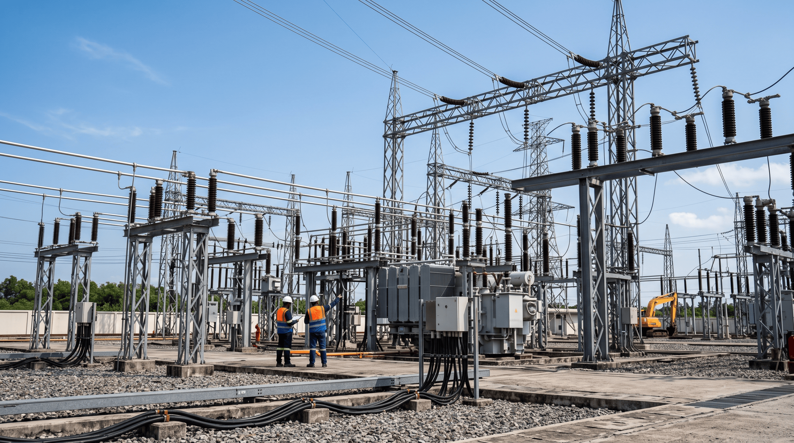 Outdoor high voltage substation with gantry structures and transformers under commissioning – substation erection testing and commissioning