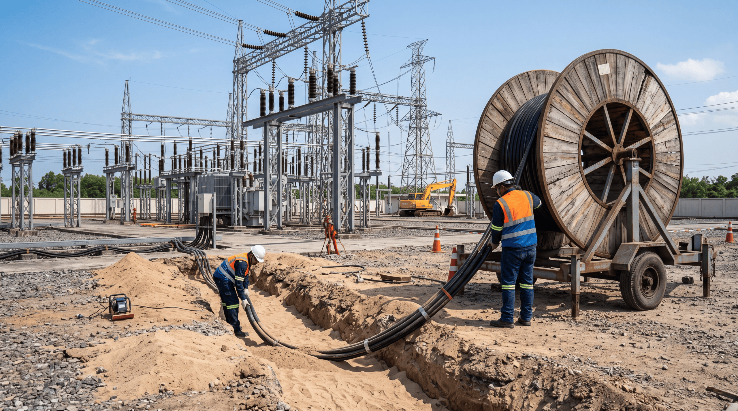 Underground HT power cable being laid in a sand-bedded trench at a project site – HT LT cable laying contractor