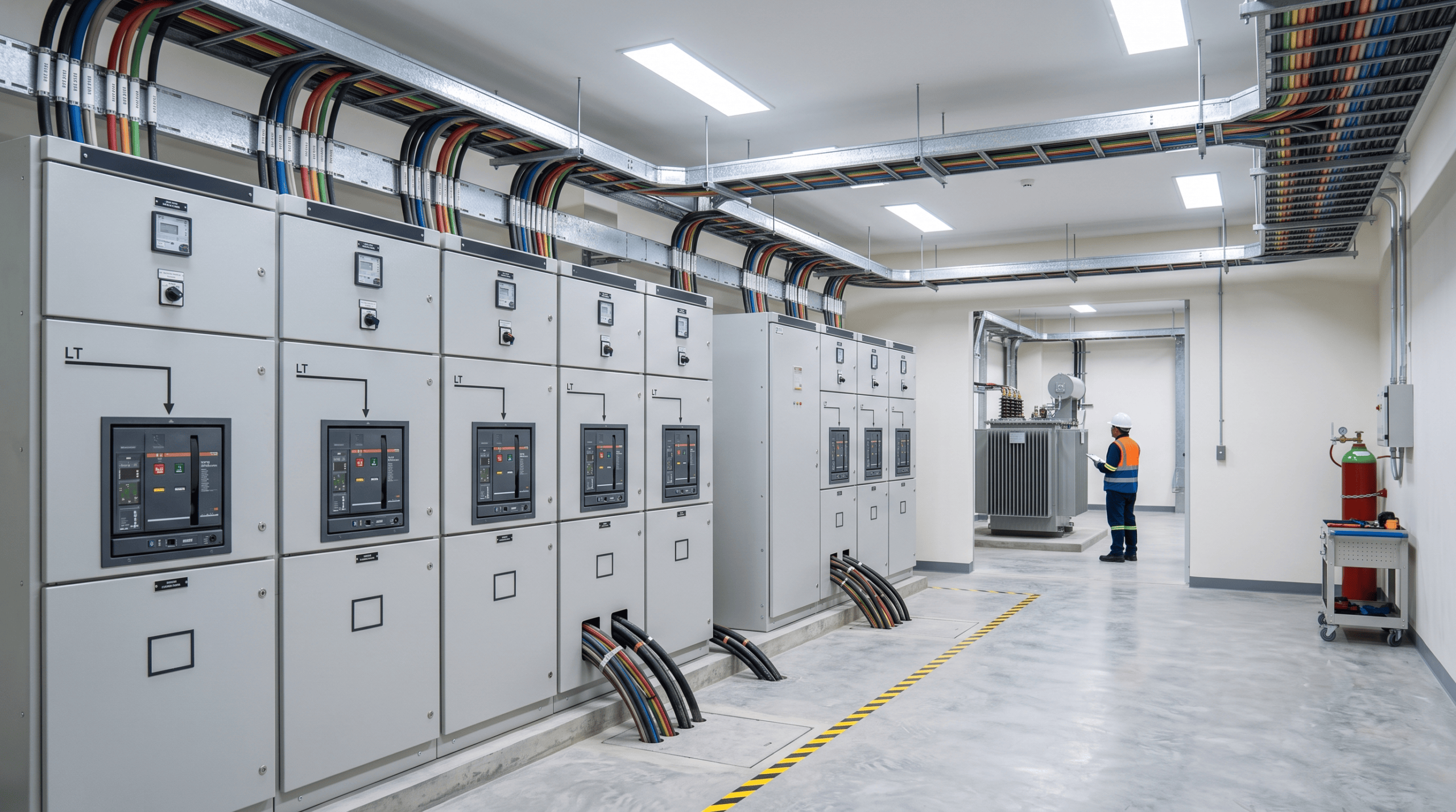 Row of LT switchgear panels in an industrial plant electrical room – industrial electrification services