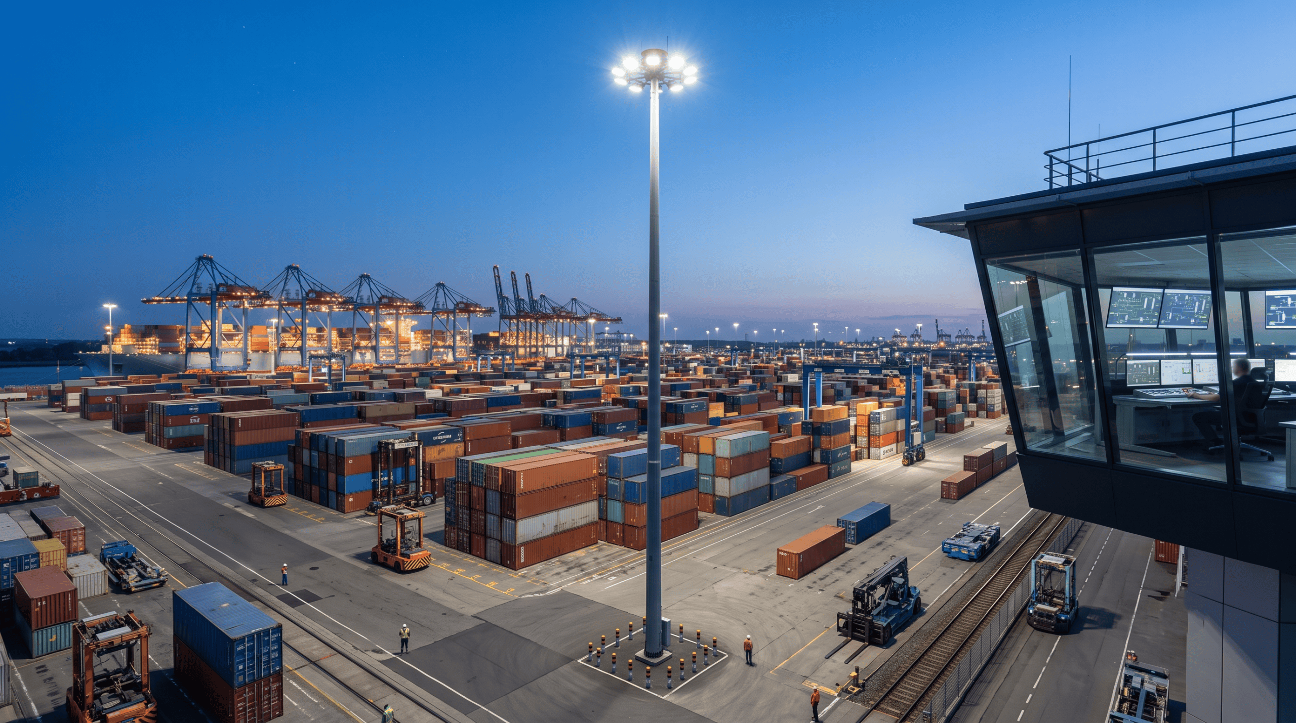 High mast lighting tower illuminating a container yard at dusk – high mast lighting installation contractor