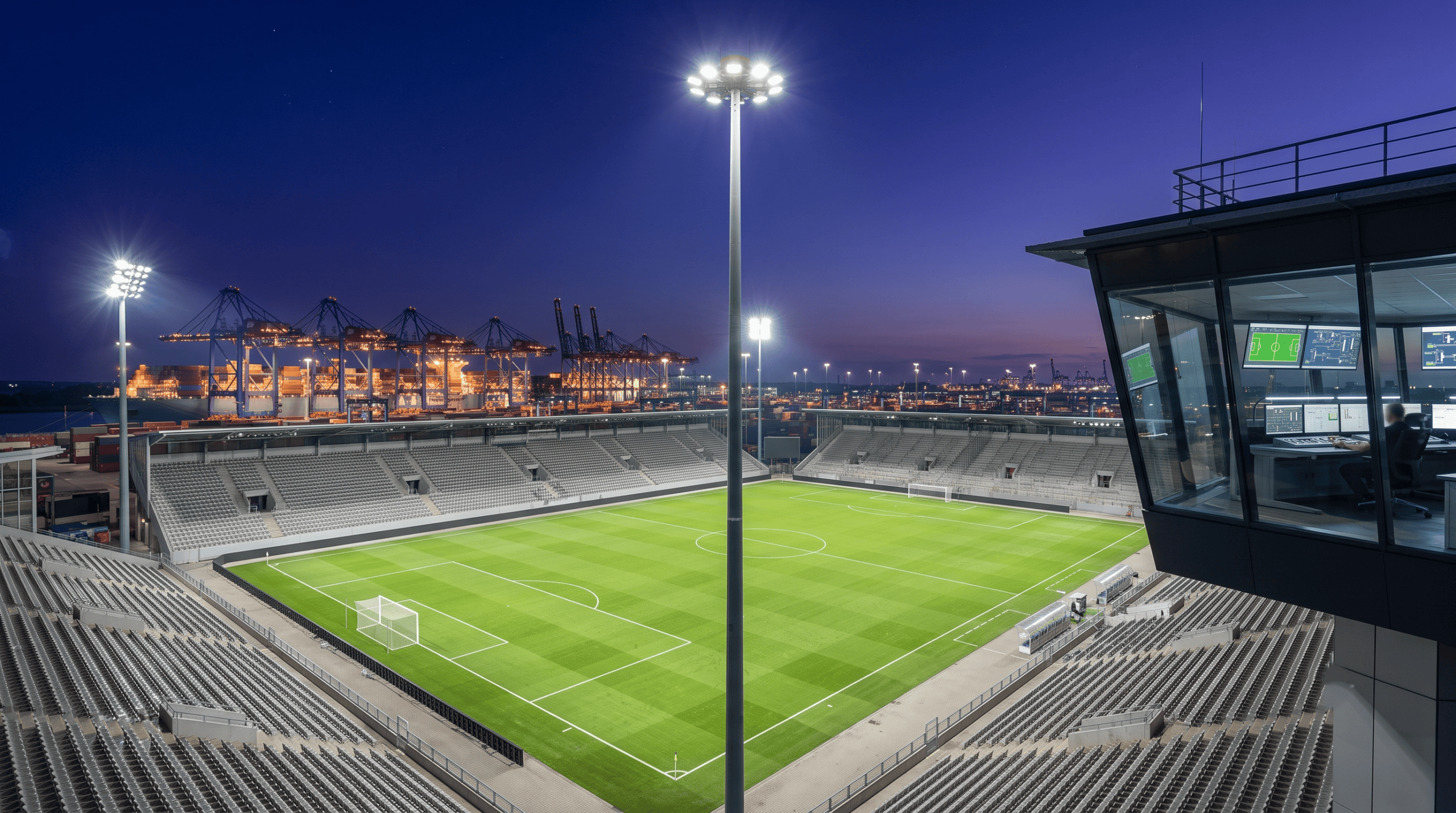 Floodlit sports stadium at night with lighting towers illuminating the field – stadium lighting contractor India