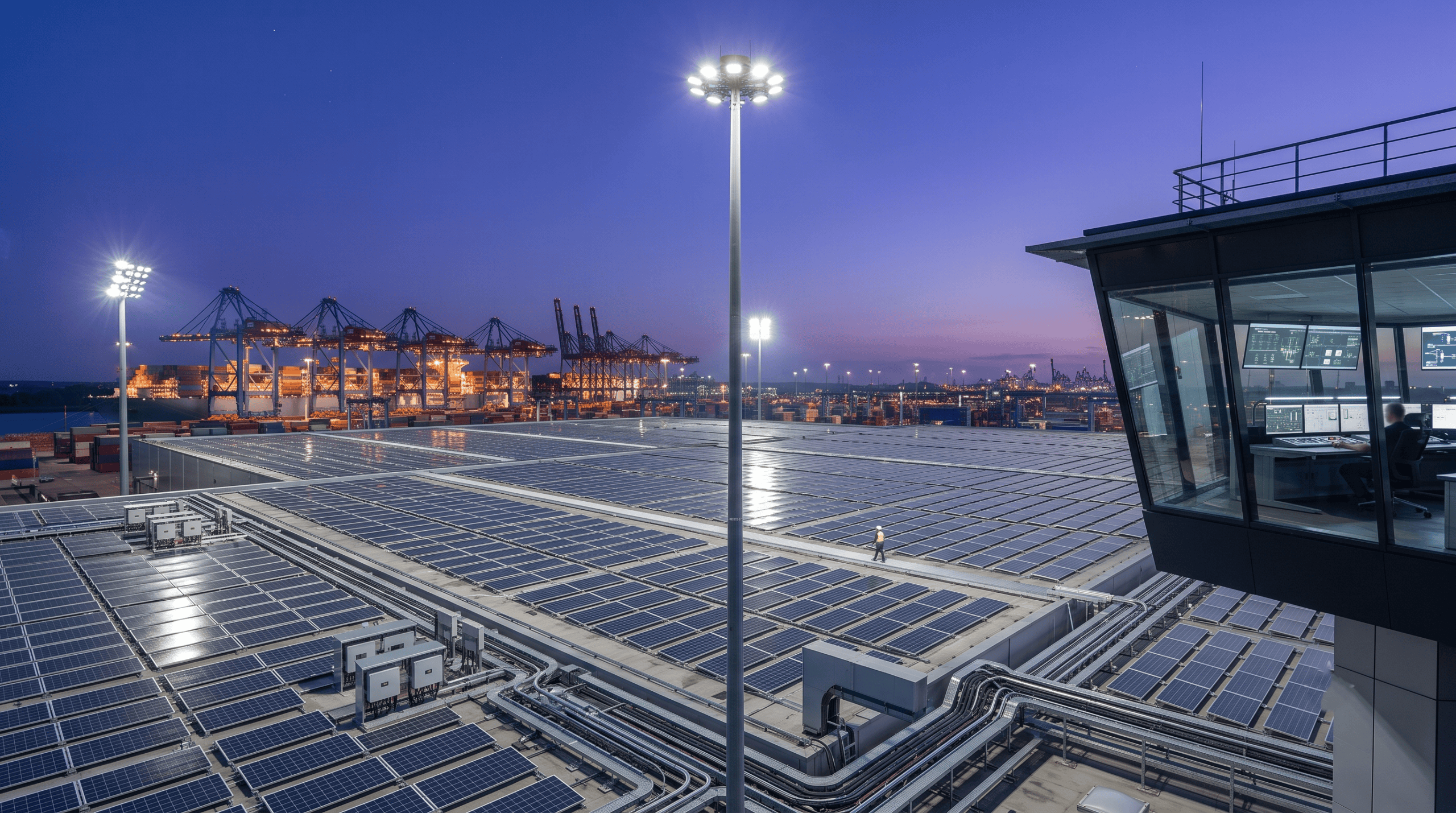 Rooftop solar power plant with module rows on an industrial building – solar EPC contractor India