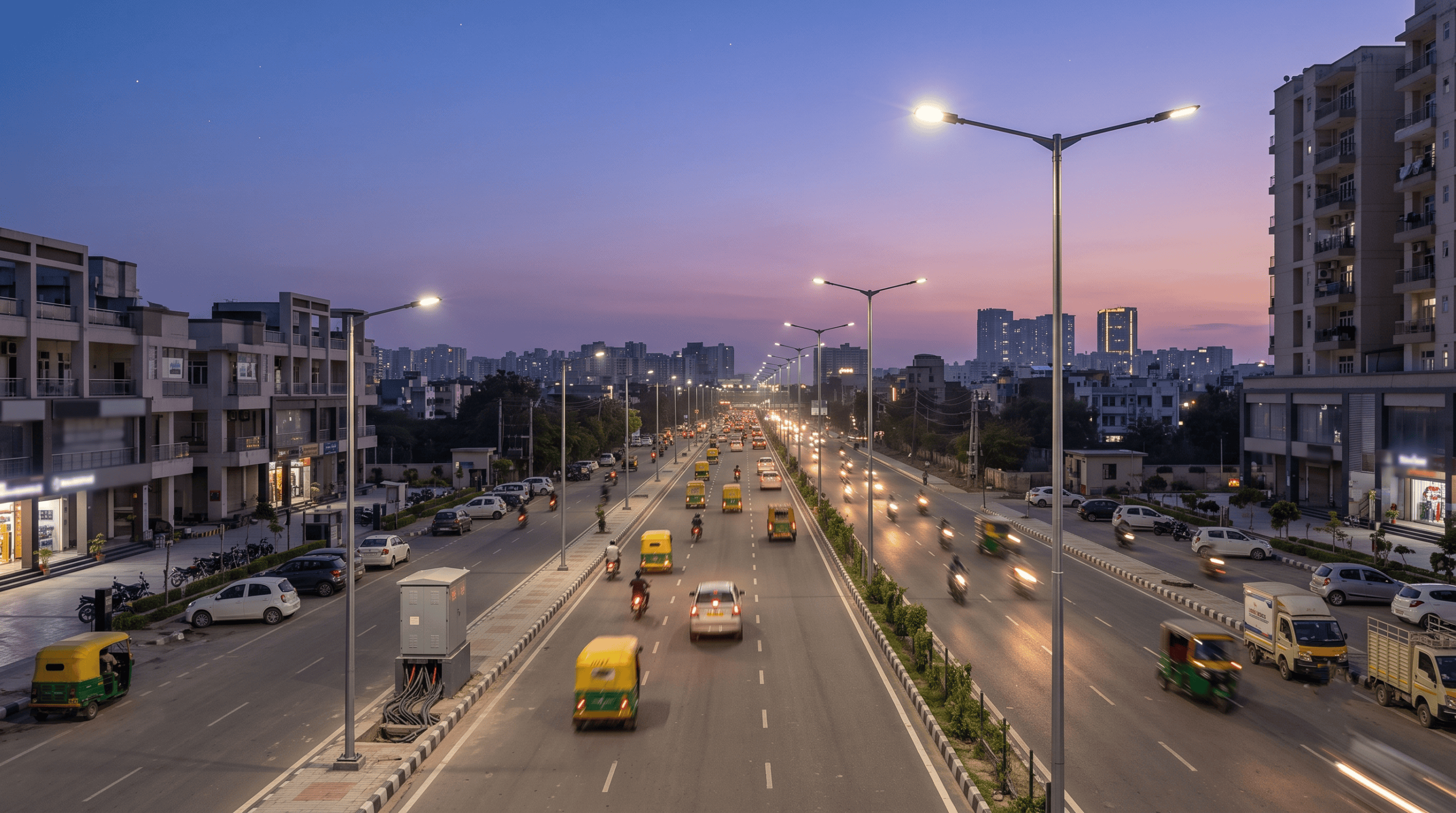 Smart LED street lights along an urban road at dusk with control panel in foreground – CCMS smart street lighting project