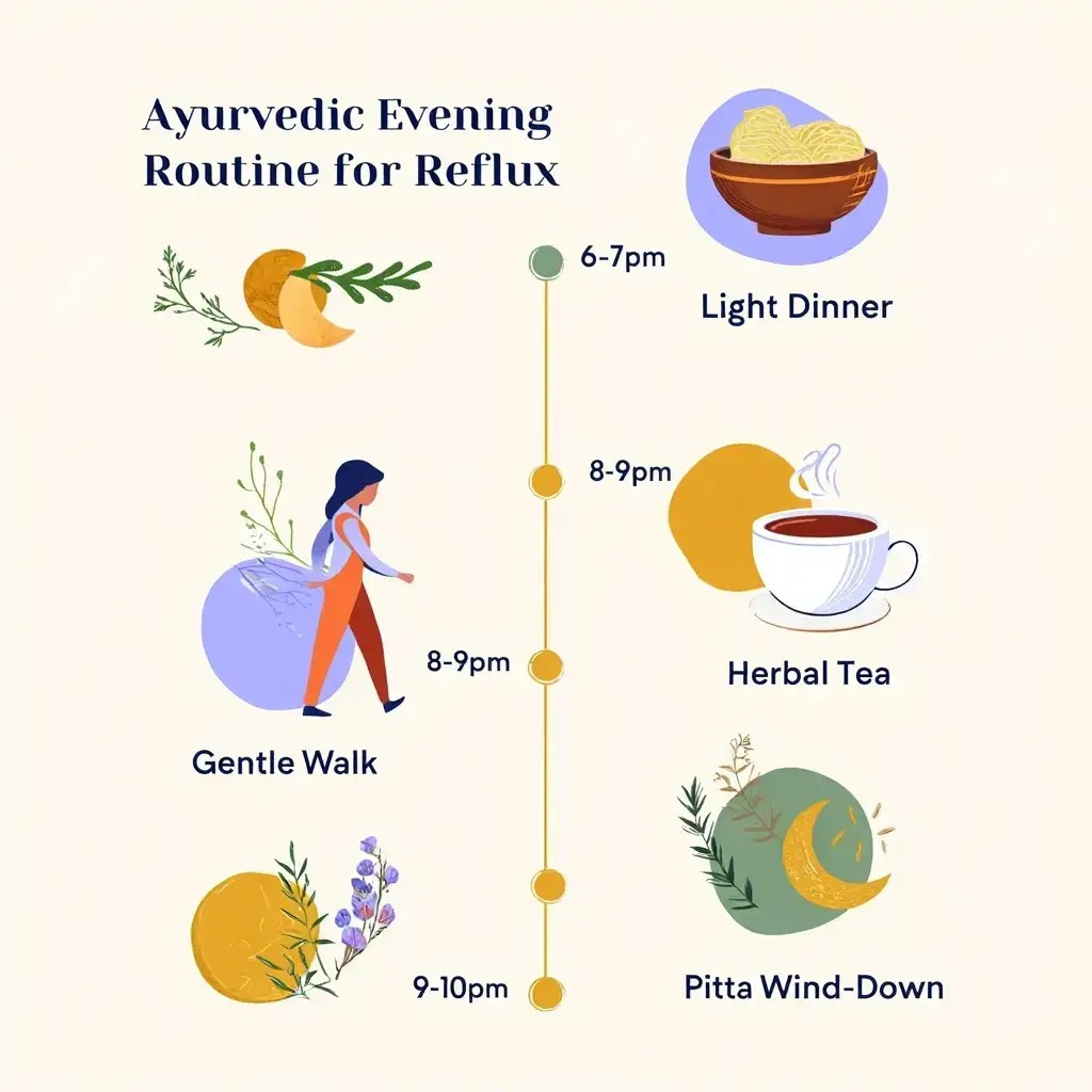 Timeline infographic showing evening routine for reflux — 6-7pm light dinner, 7:30-8pm gentle walk, 8-9pm herbal tea, 9-10pm Pitta wind-down
