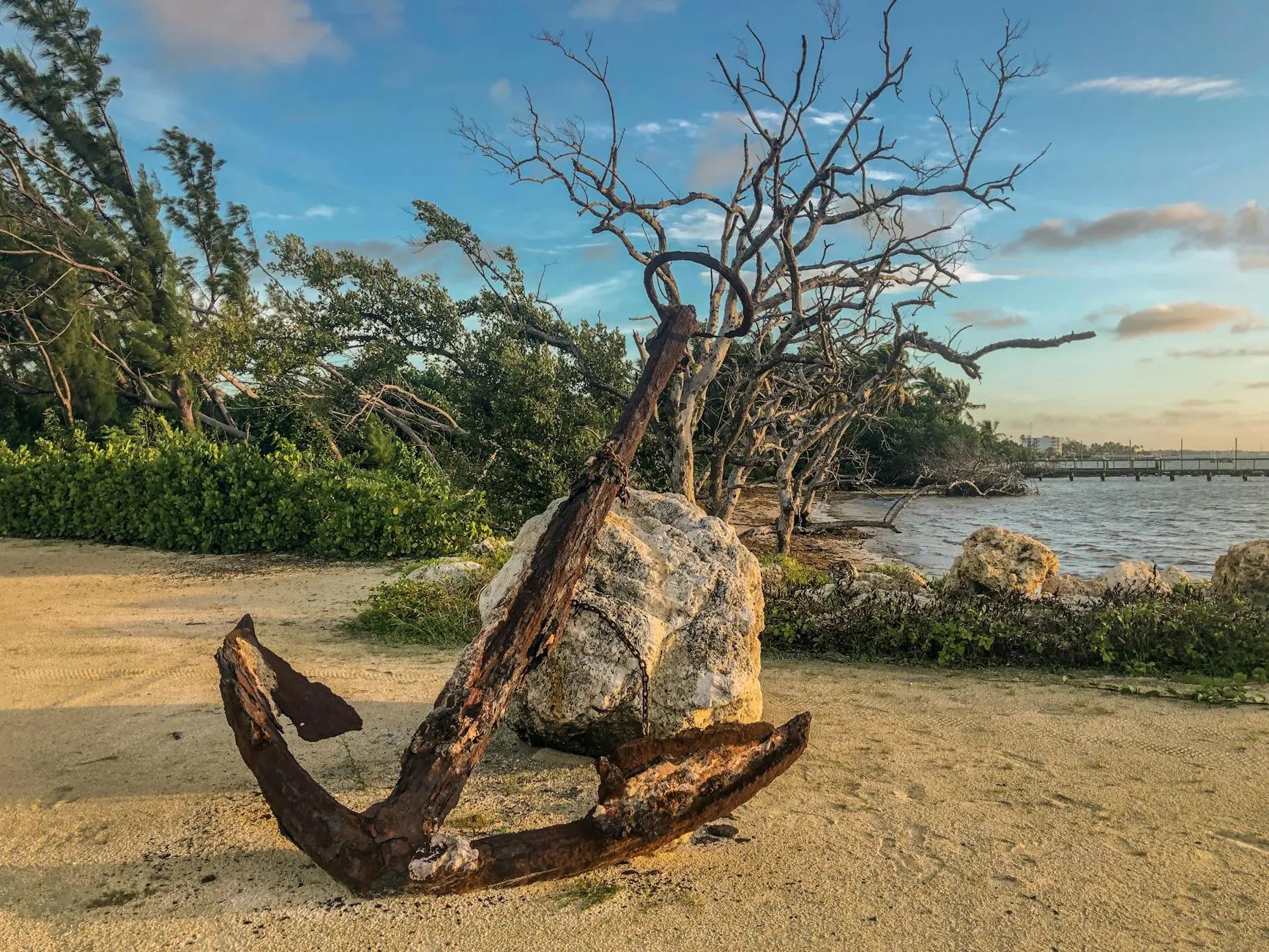 photograph of a rusty anchor near a rock