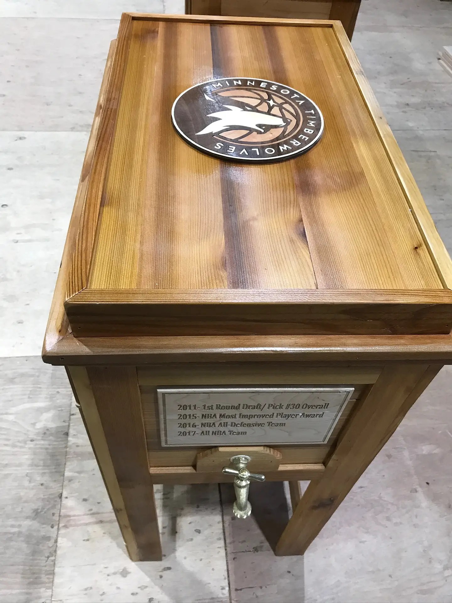 Logo and player stats on minnesota Timberwolves custom cooler