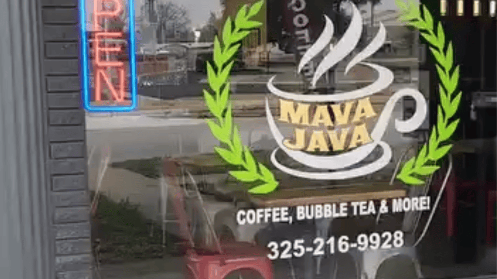 front window logo of Mava Java Coffee in Llano, Texas