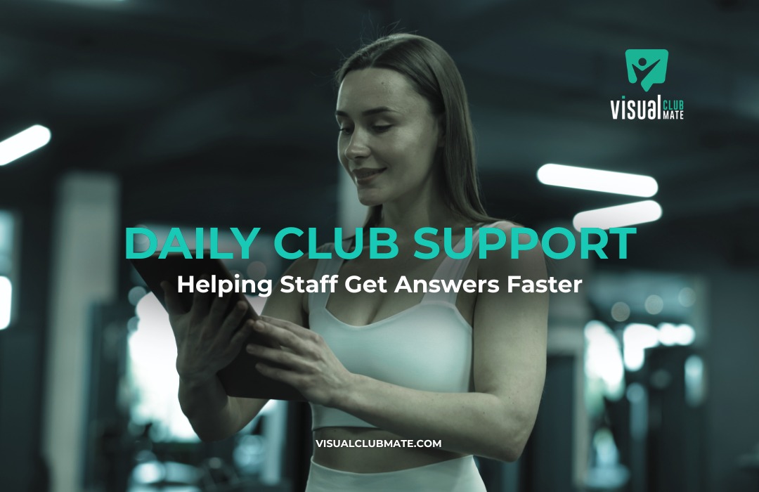 Club staff member using a tablet, highlighting how Visual ClubMate club software support helps staff get answers faster, reduce delays, and improve daily club operations.