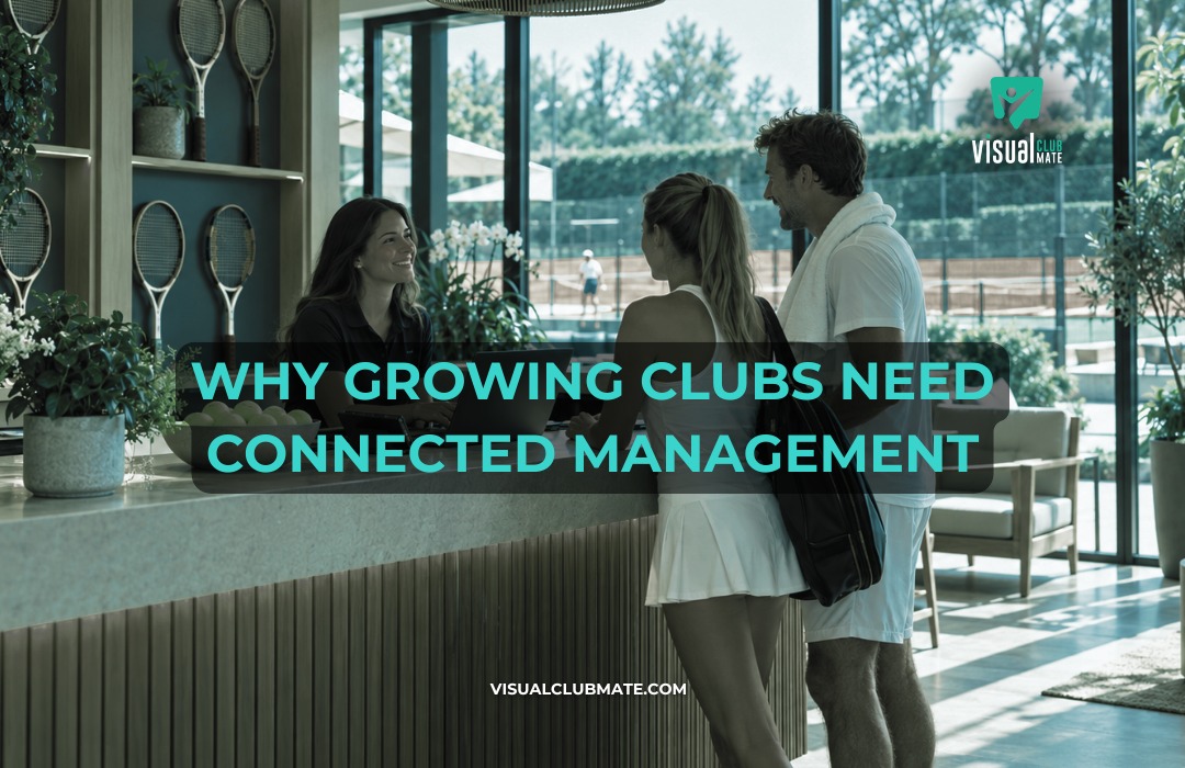 Club staff assisting members at a racket sports facility, highlighting connected club management software for growing clubs.