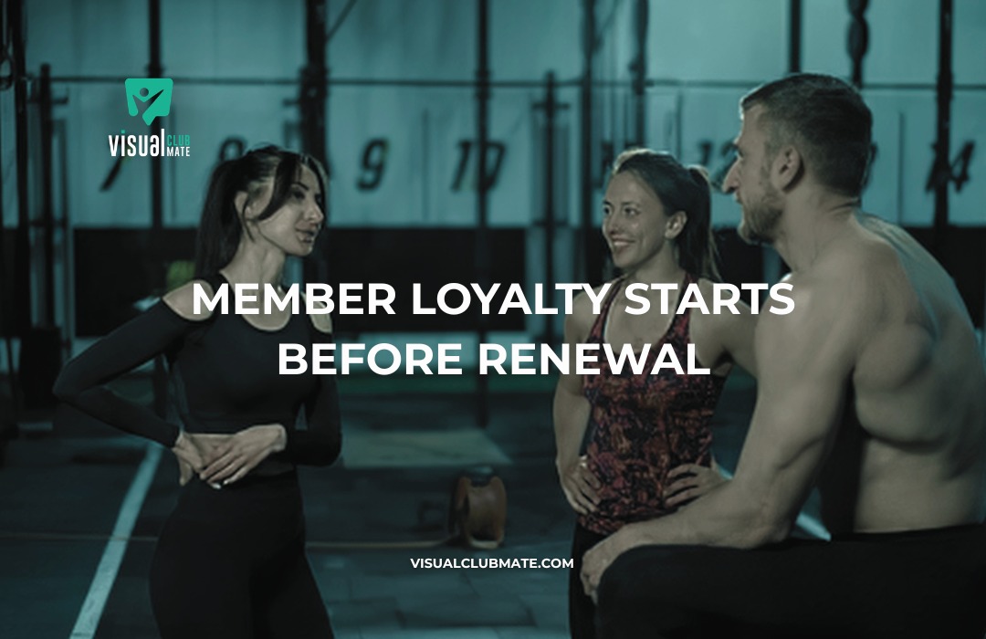 Club members connecting at a fitness facility, highlighting how positive experiences and engagement help build member loyalty before renewal time.