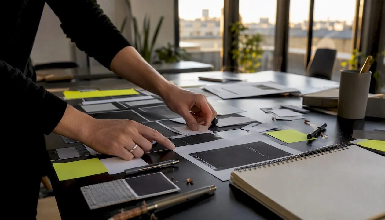 Hands arranging design elements on drafting table
