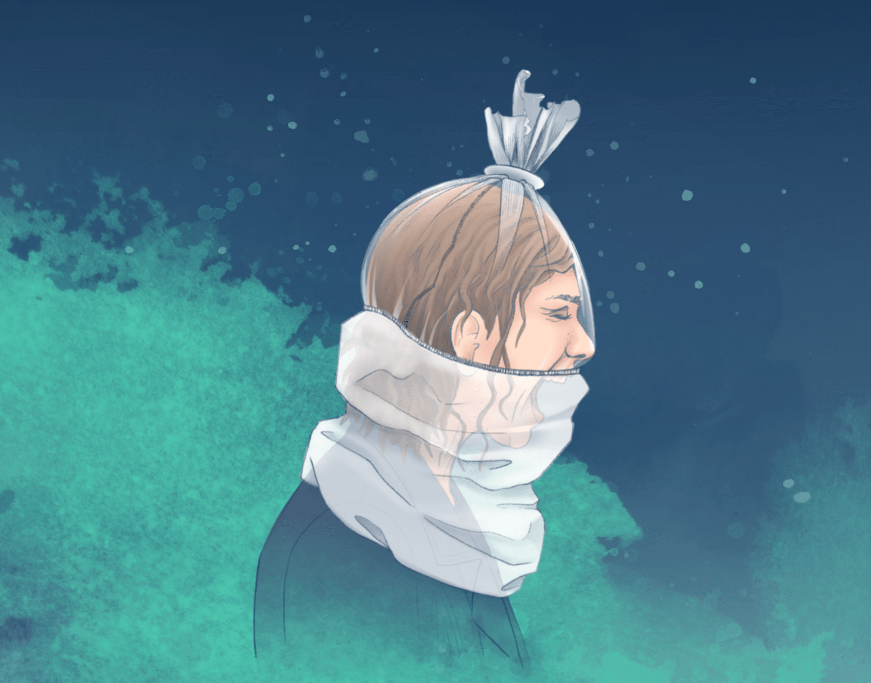 Illustration of patient in a spit hood, screaming. Dark blue background abstract green paint.