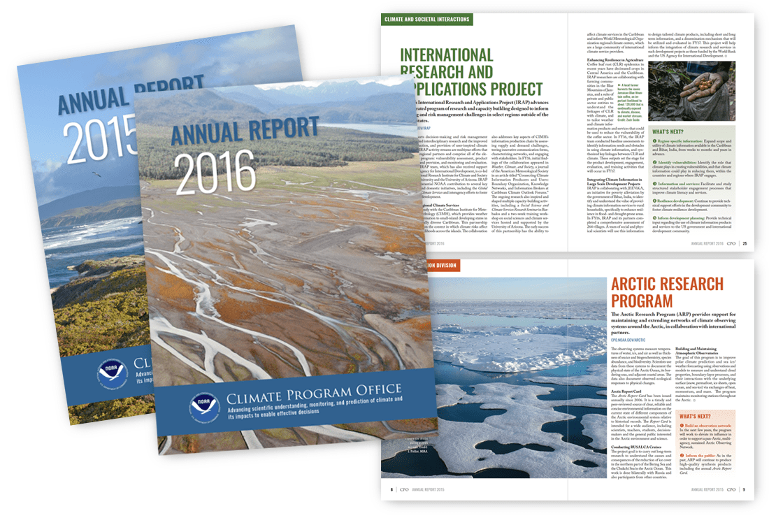 Samples from the 2015 and 2016 NOAA Climate Program Office Annual Reports (Design, photo selection, and graphics by Fiona Martin / Visualizing Science.)