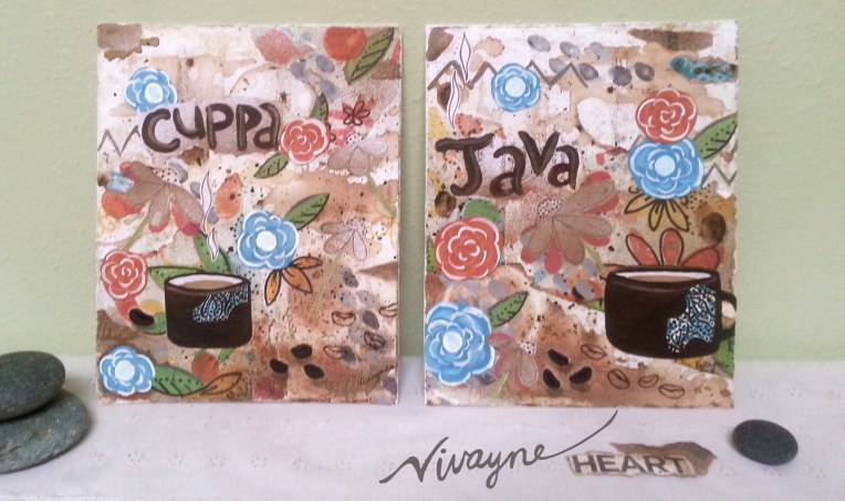 mixed media, acrylics, Vivayne,coffee art in studio, distressed, upcycle