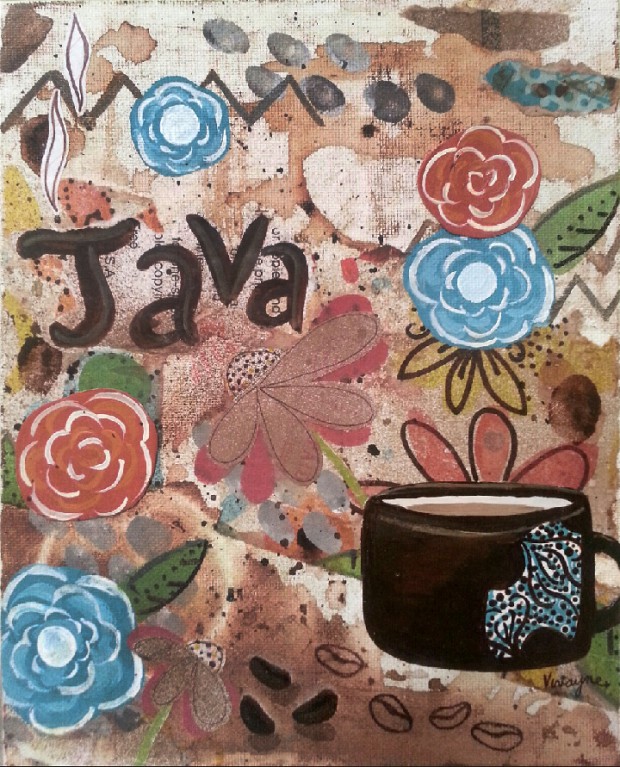 mixed media, acrylics, Vivayne,coffee art in studio, distressed, upcycle