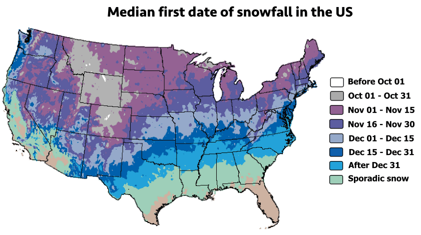Us Average Annual Snowfall Map First Snowfall 