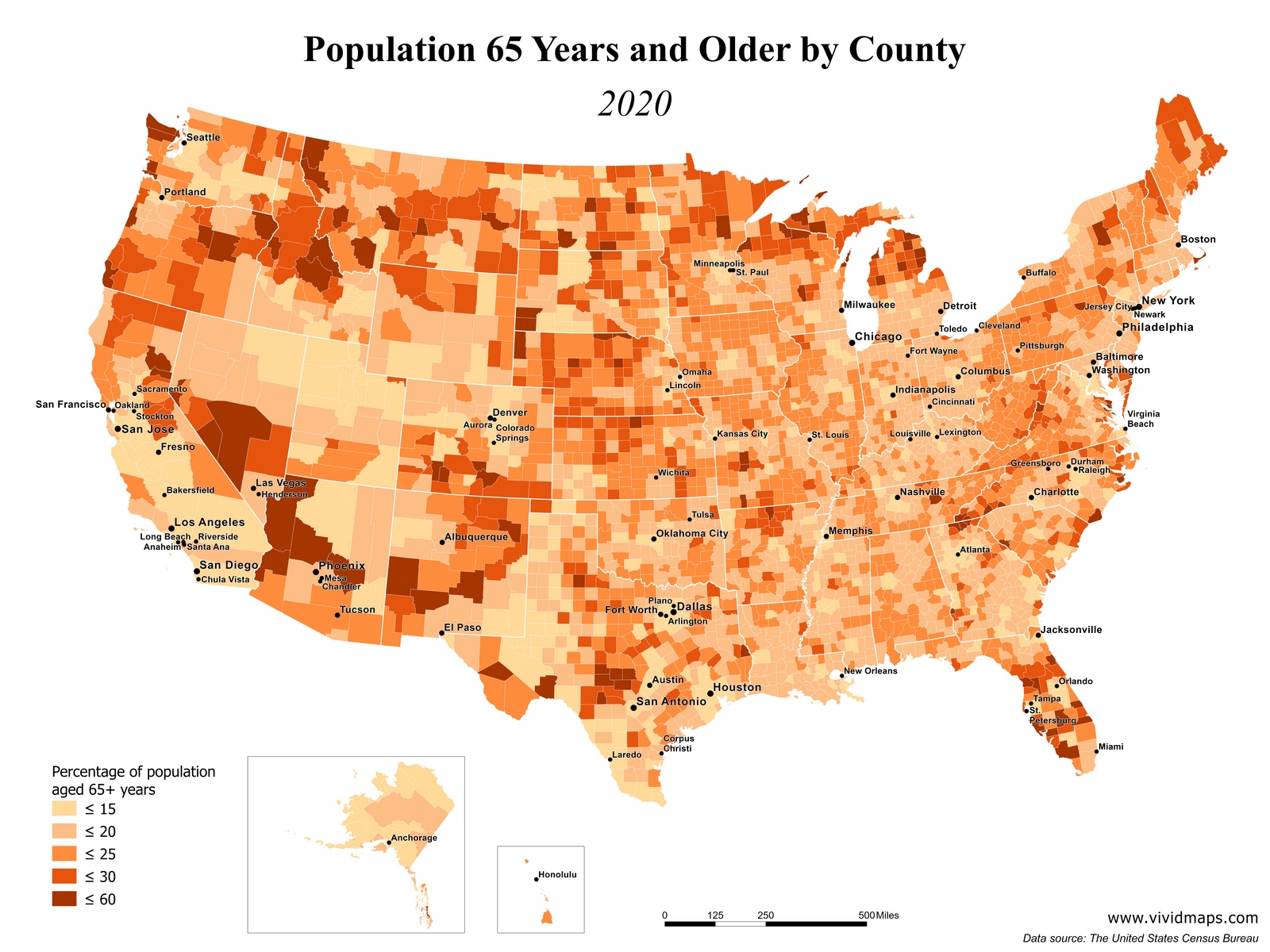 Mapping America US Population Trends Population 65 Years 