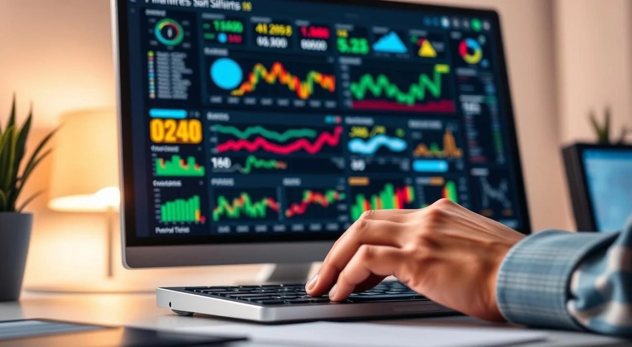 A high-tech dashboard displaying colorful graphs, charts, and financial data on a sleek, modern computer monitor. In the foreground, a person's hands are poised over a keyboard, deep in thought as they plan their investment strategy. The lighting is soft and warm, creating a focused, contemplative atmosphere. The background is blurred, emphasizing the importance of the financial planning process. The image conveys a sense of control, clarity, and the empowerment of taking charge of one's financial future.