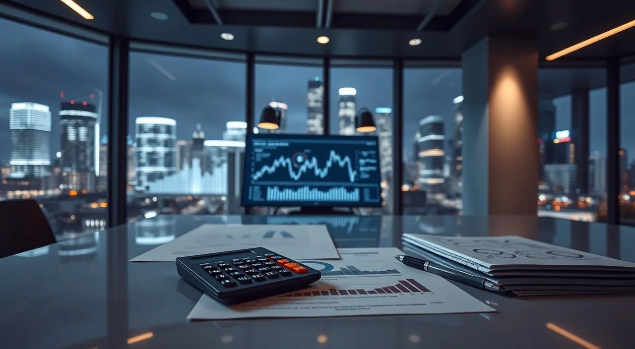 A sleek, modern office setting with a large, backlit desk displaying financial data and charts. In the foreground, a calculator, a pen, and neatly organized documents showcase the intricate details of "taux crédit in fine". Soft, directional lighting illuminates the scene, creating a professional and authoritative atmosphere. The background features floor-to-ceiling windows overlooking a bustling cityscape, emphasizing the high-stakes nature of financial decisions. The overall composition conveys a sense of precision, expertise, and the importance of understanding the nuances of "crédit in fine".