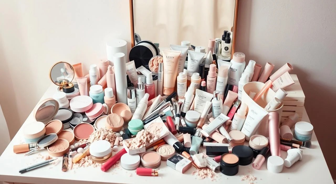 A vanity table overflows with an array of unnecessary cosmetic products - powders, lotions, serums, and creams in pastel hues. The items are arranged haphazardly, creating a sense of clutter and excess. Soft, diffused lighting casts a warm glow, highlighting the delicate textures and finishes of the products. The background is a minimalist, muted palette, allowing the superfluous cosmetics to take center stage. The overall atmosphere conveys a message of streamlined beauty, where simplicity and functionality triumph over an abundance of cosmetic options.