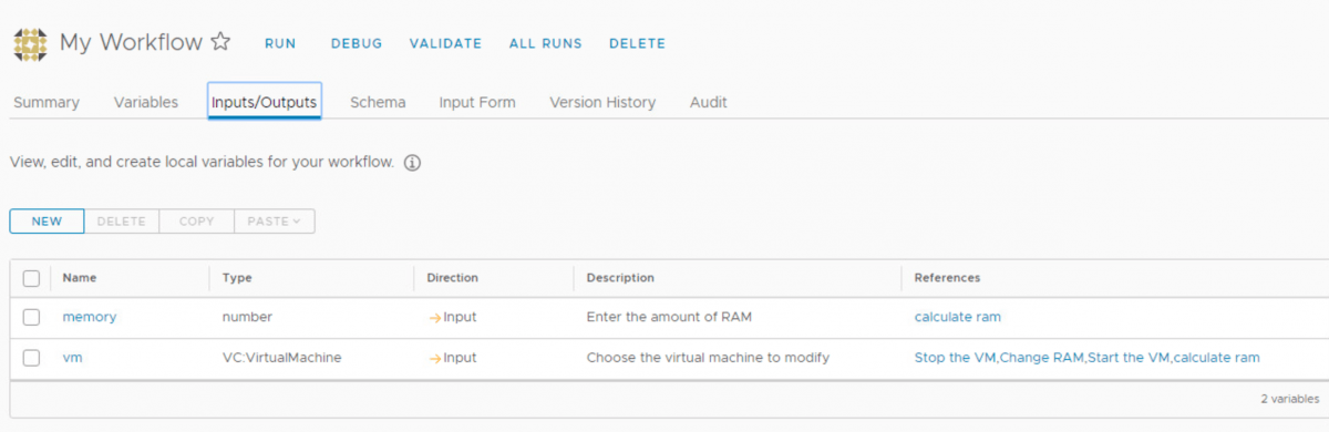 vRealize Orchestrator inputs