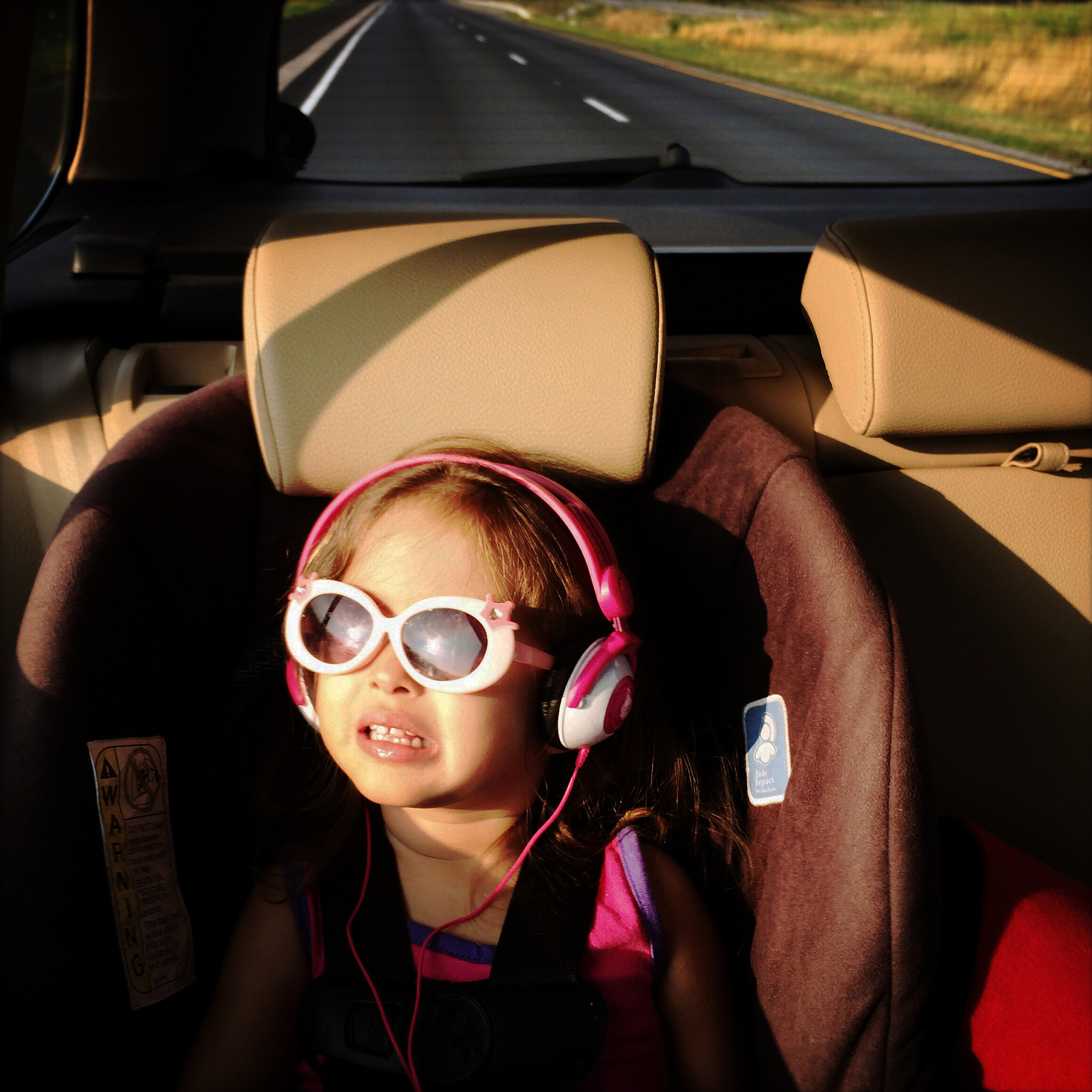 Despite a push to move away from technology while on the road my daughter, Opal Facun, 3, watches a movie and reacts when she spots dairy cows dotting the landscape while heading west on US 64 in Virginia.